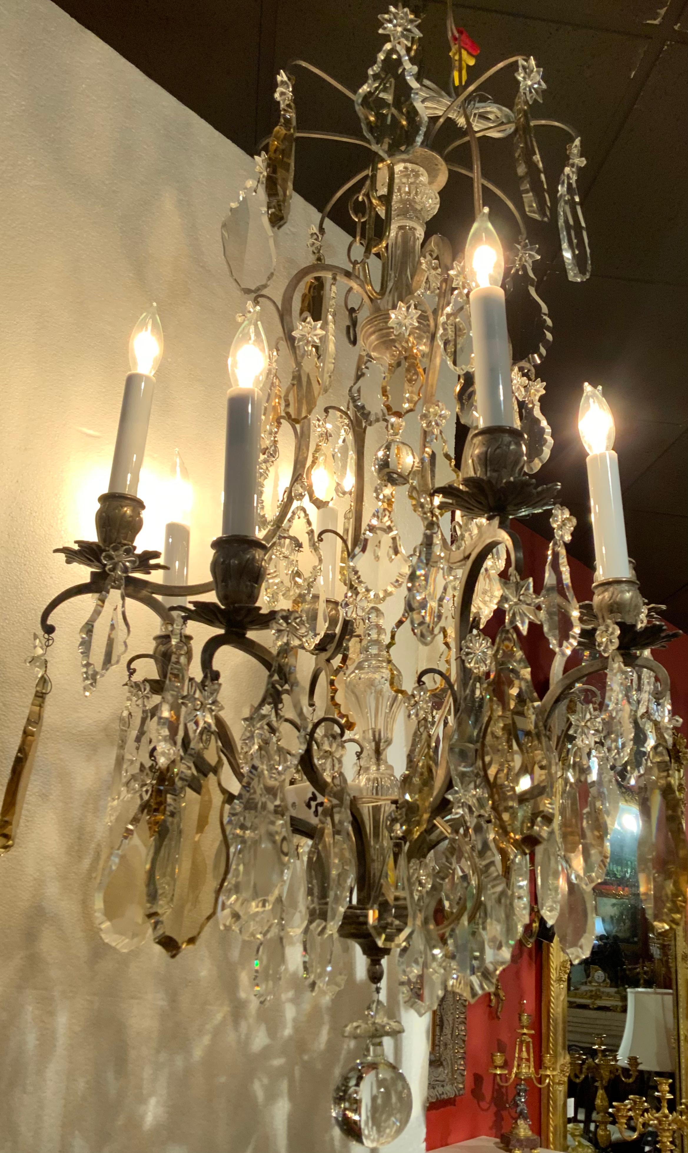 French Bronze Argente and Crystal Chandelier, Louis XIV Style, Eight Lights In Excellent Condition For Sale In Houston, TX