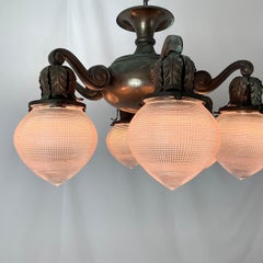 French Bronze Art Deco Chandelier with original Halophane Glass