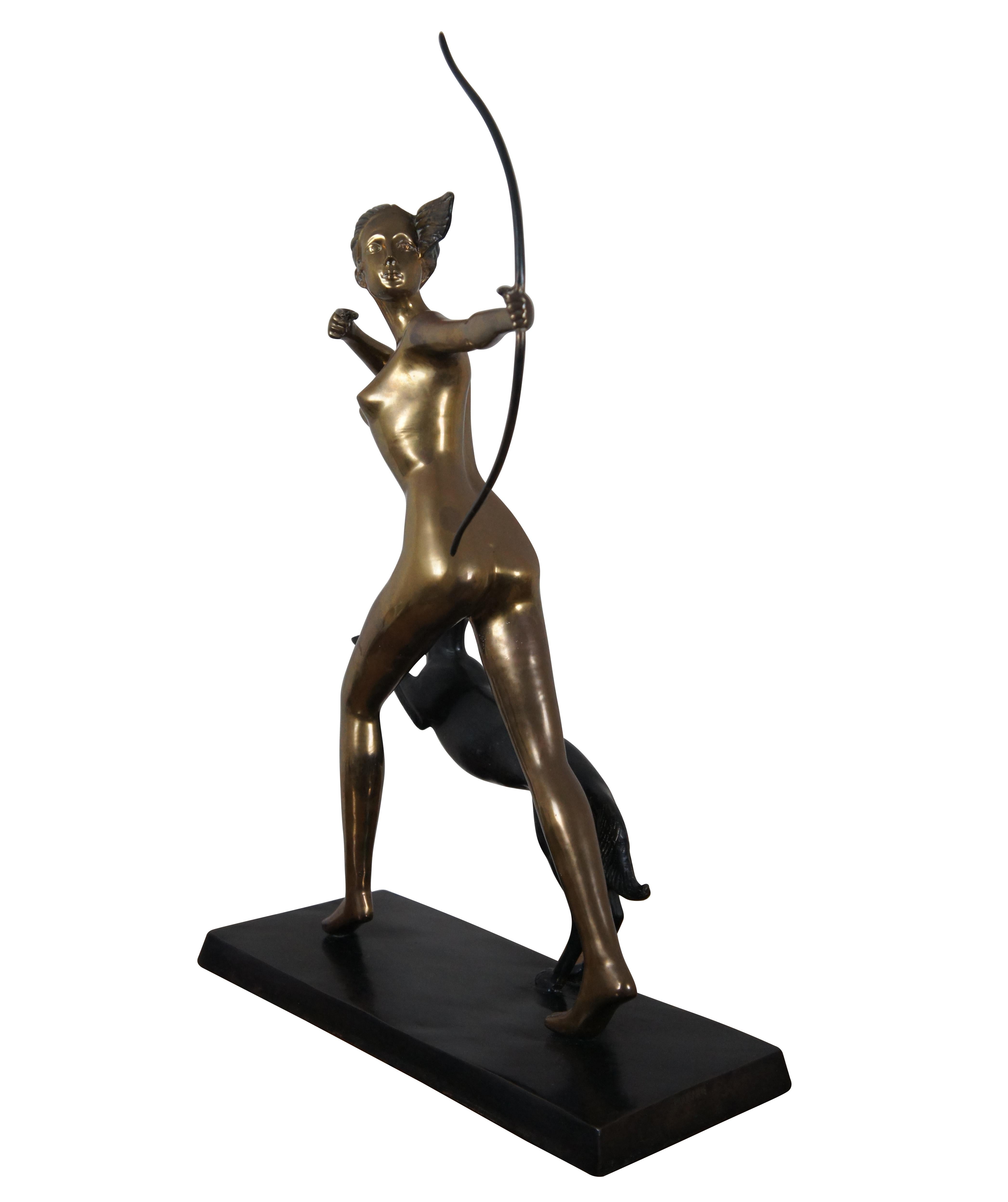 French Bronze Art Deco Diana Artemis Goddess Greyhound Hunt Sculpture In Good Condition For Sale In Dayton, OH