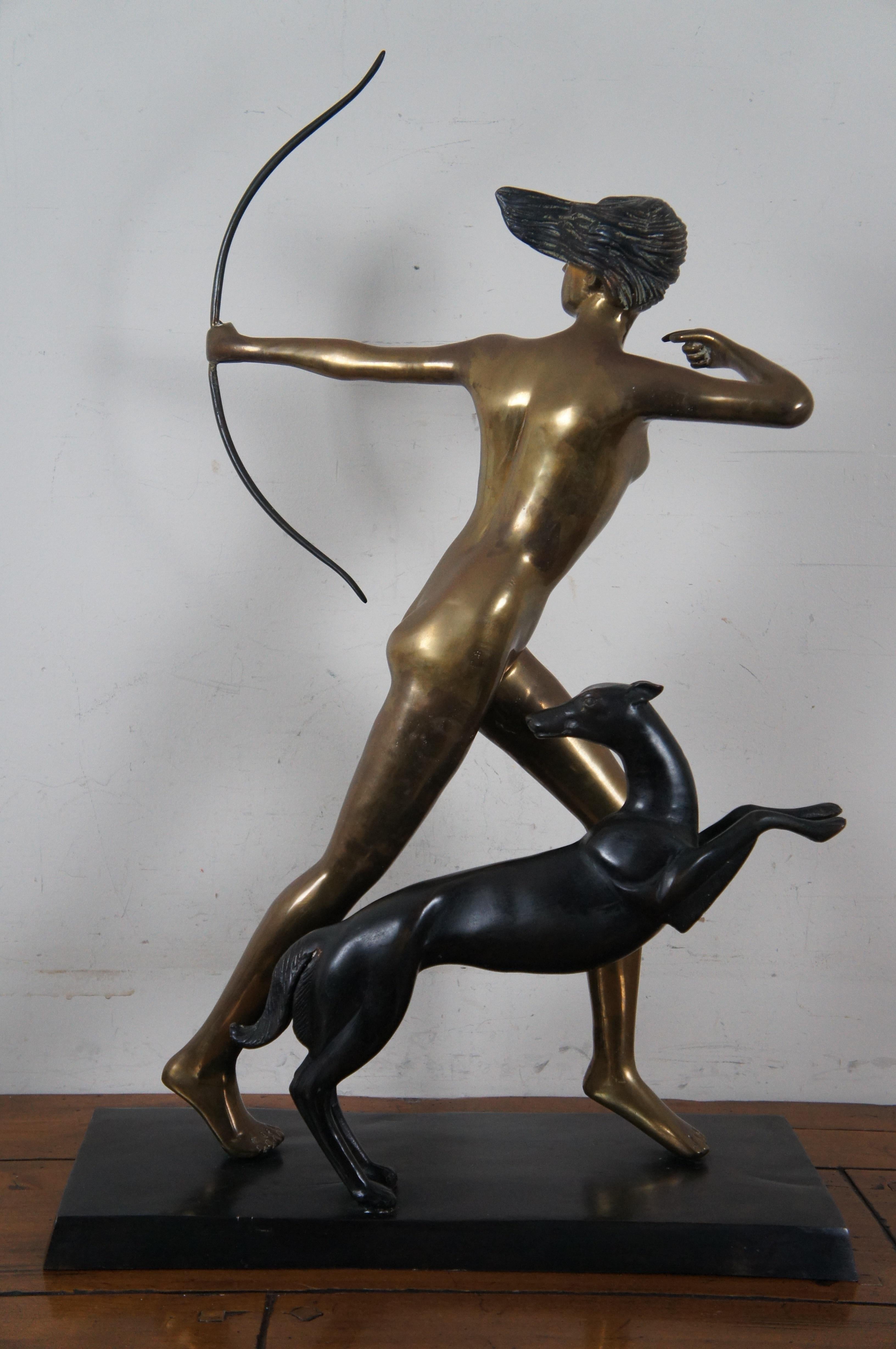 20th Century French Bronze Art Deco Diana Artemis Goddess Greyhound Hunt Sculpture For Sale