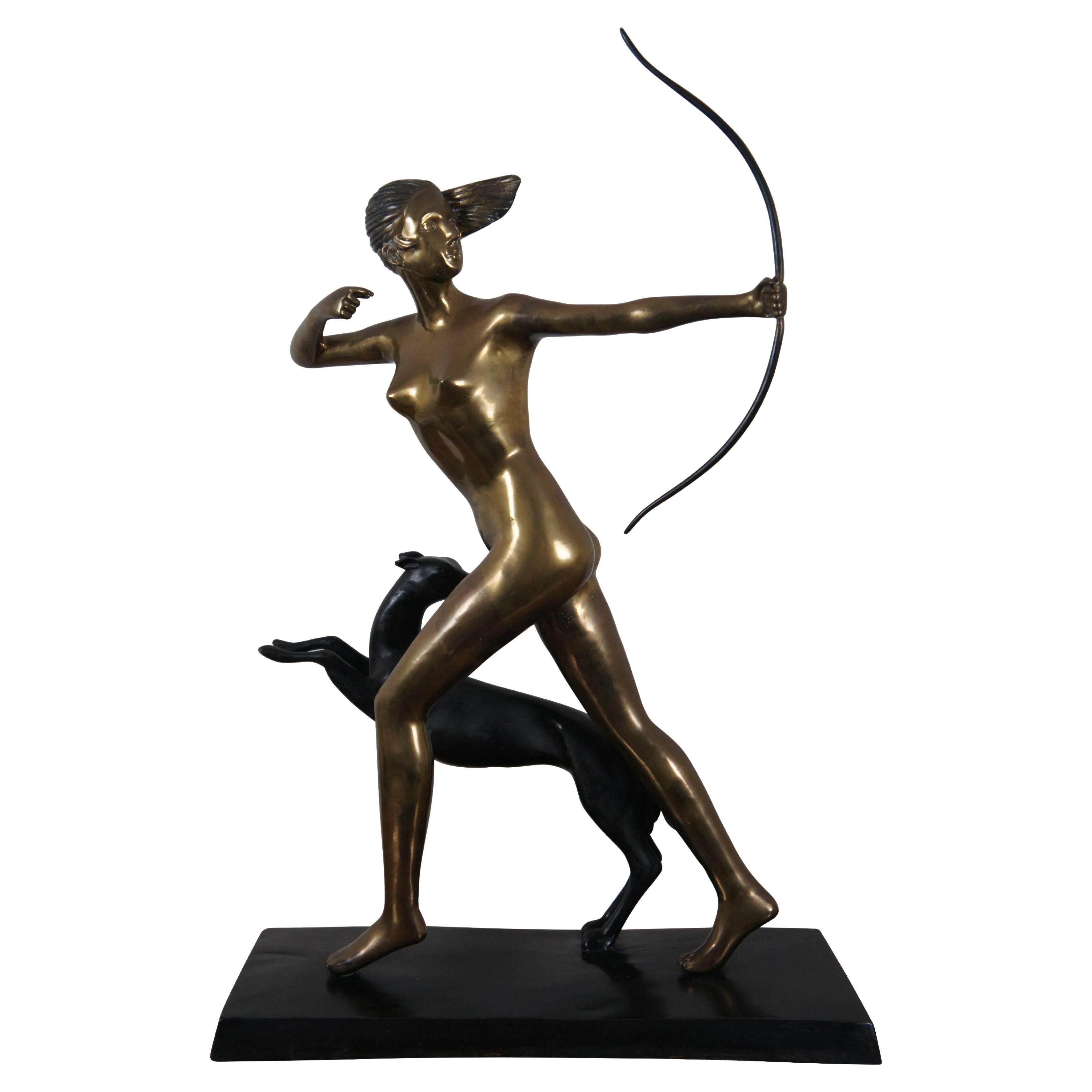 French Bronze Art Deco Diana Artemis Goddess Greyhound Hunt Sculpture For Sale