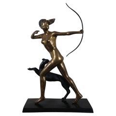 Vintage French Bronze Art Deco Diana Artemis Goddess Greyhound Hunt Sculpture