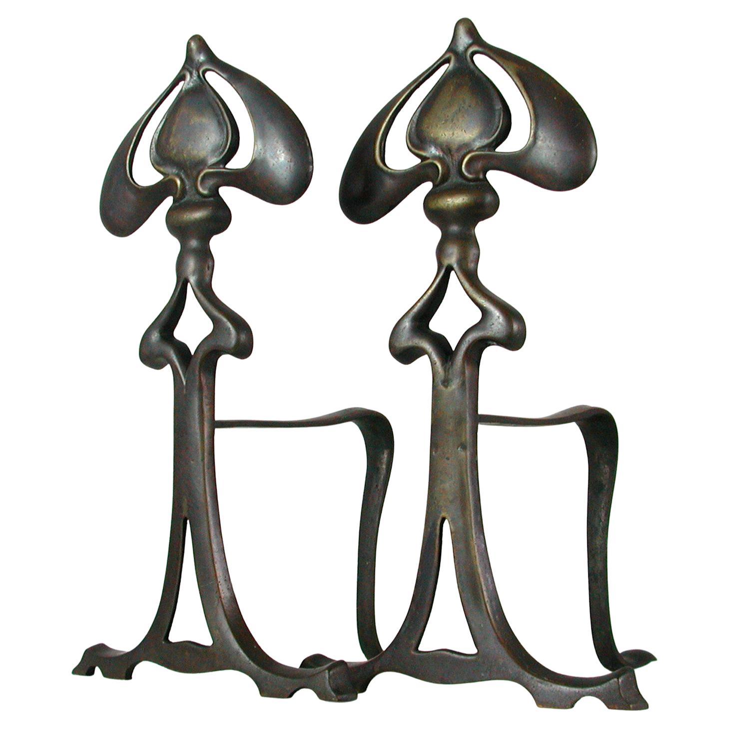 Stunning, 1890s F.G. Janusch N Y Bronze Fireplace Andirons For Sale at