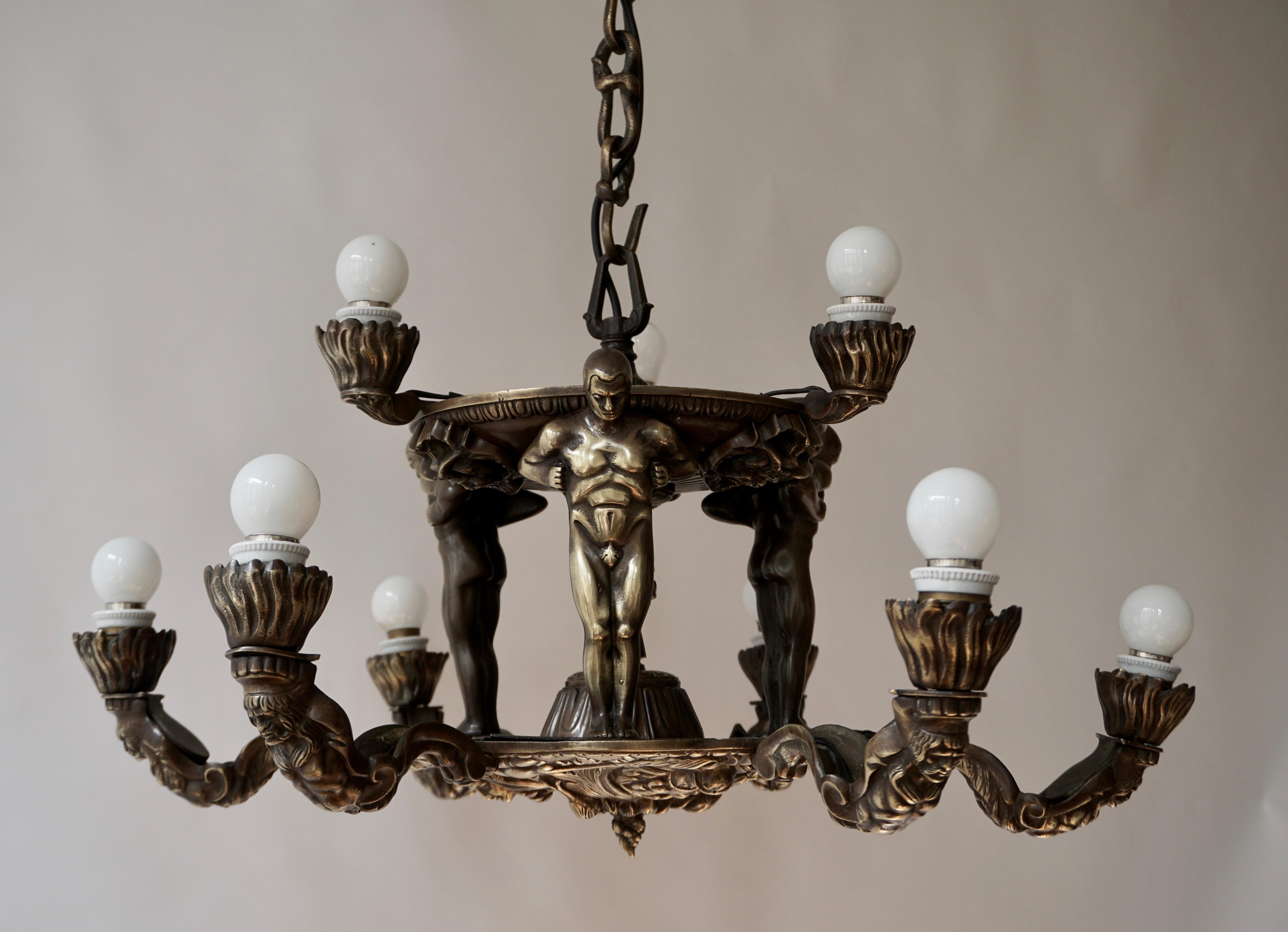 French Bronze Art Deco Hollywood Regency Chandelier Showing Male Nude Figures For Sale 3