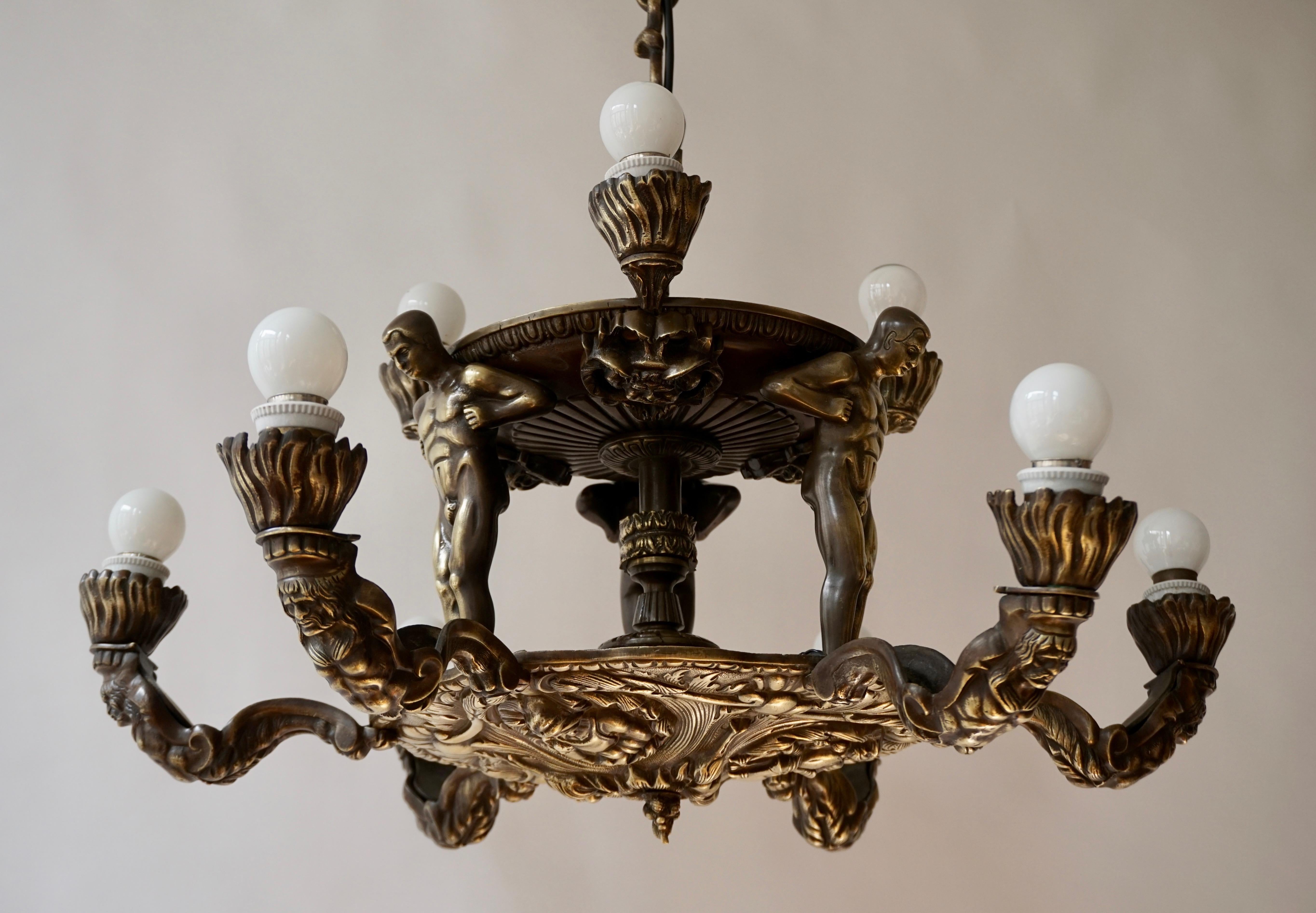 French Bronze Art Deco Hollywood Regency Chandelier Showing Male Nude Figures For Sale 7