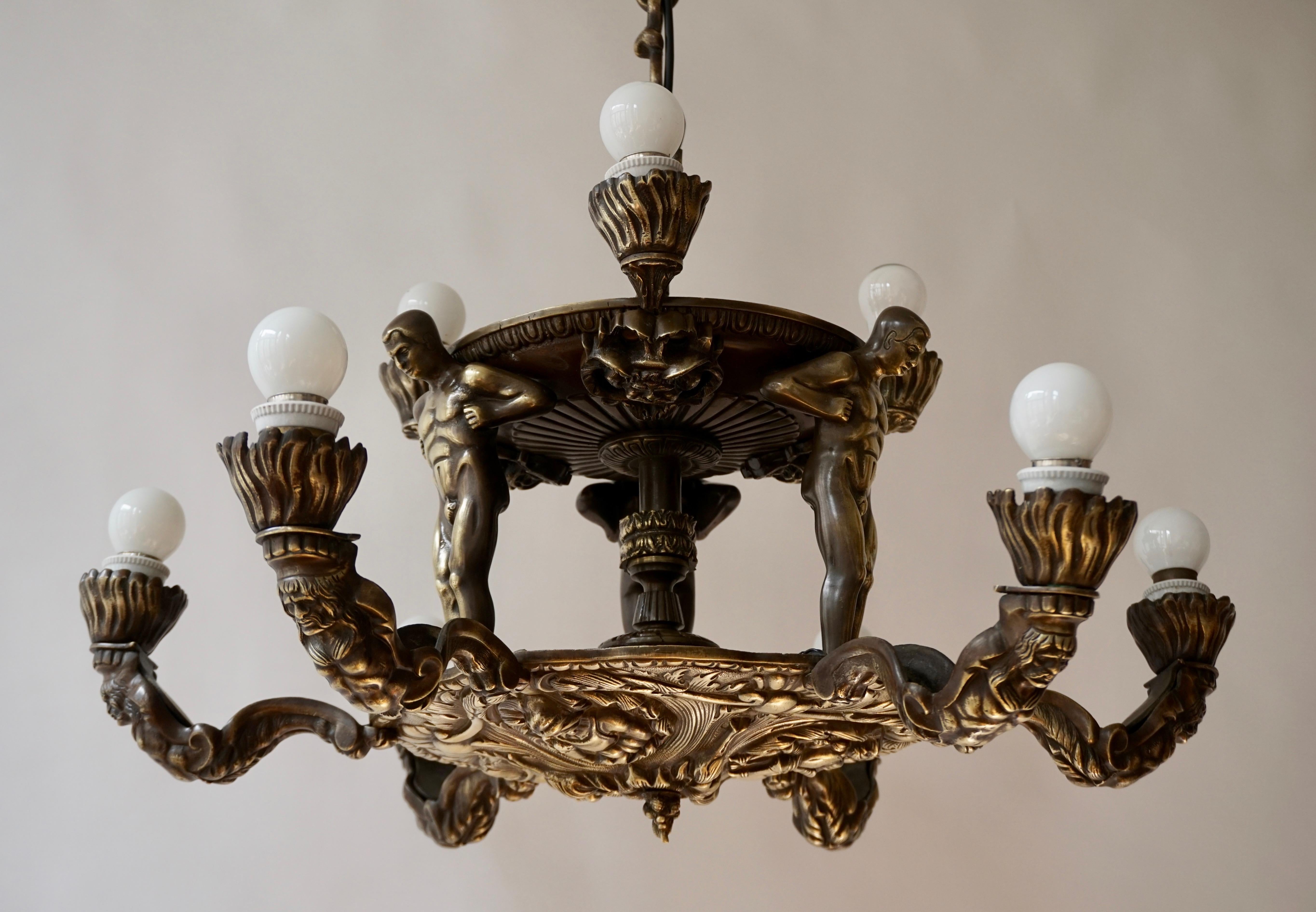 French Bronze Art Deco Hollywood Regency Chandelier Showing Male Nude Figures 4