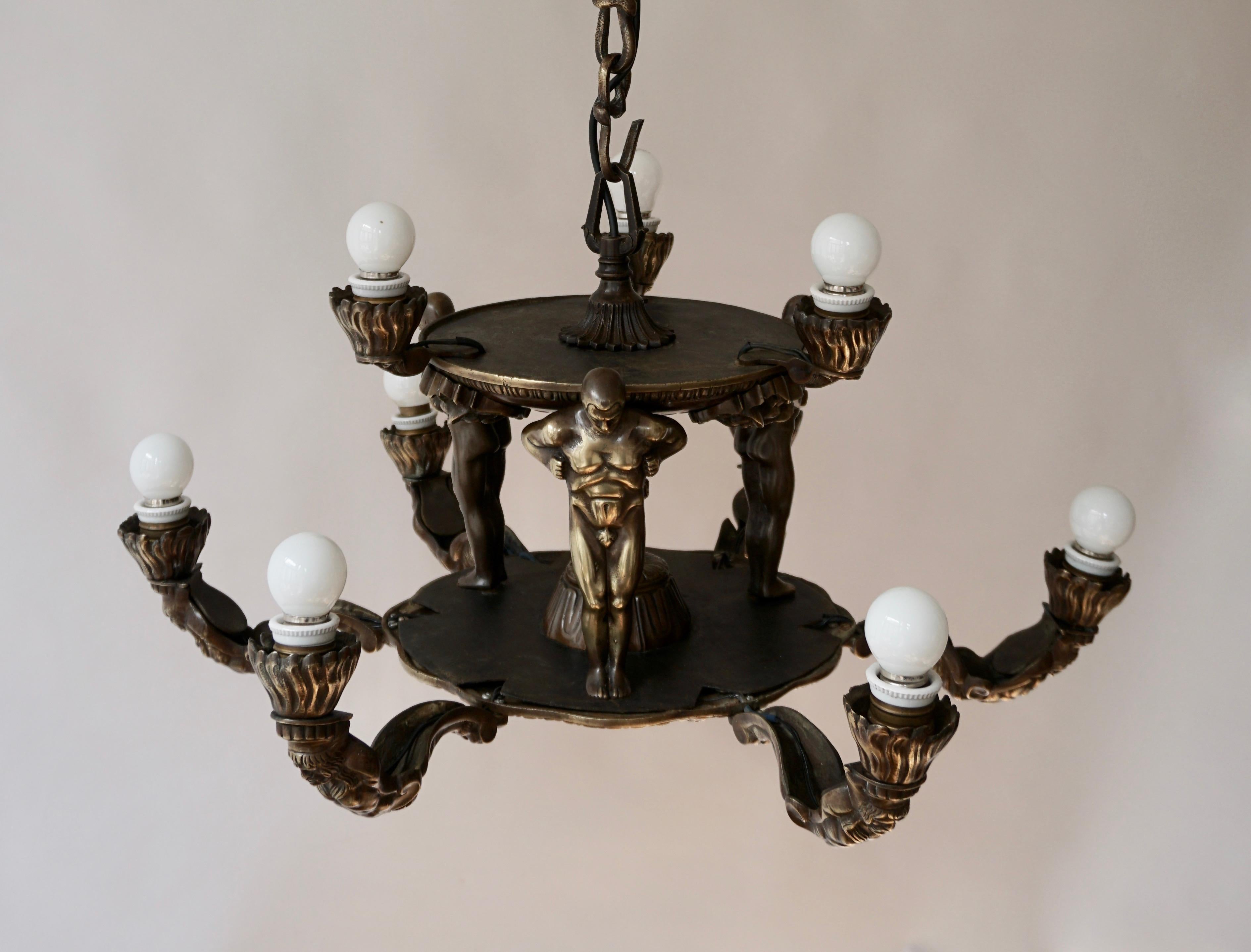 French Bronze Art Deco Hollywood Regency Chandelier Showing Male Nude Figures For Sale 6