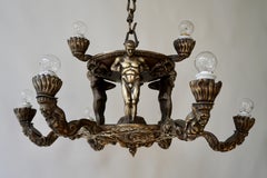 French Bronze Art Deco Hollywood Regency Chandelier Showing Male Nude Figures