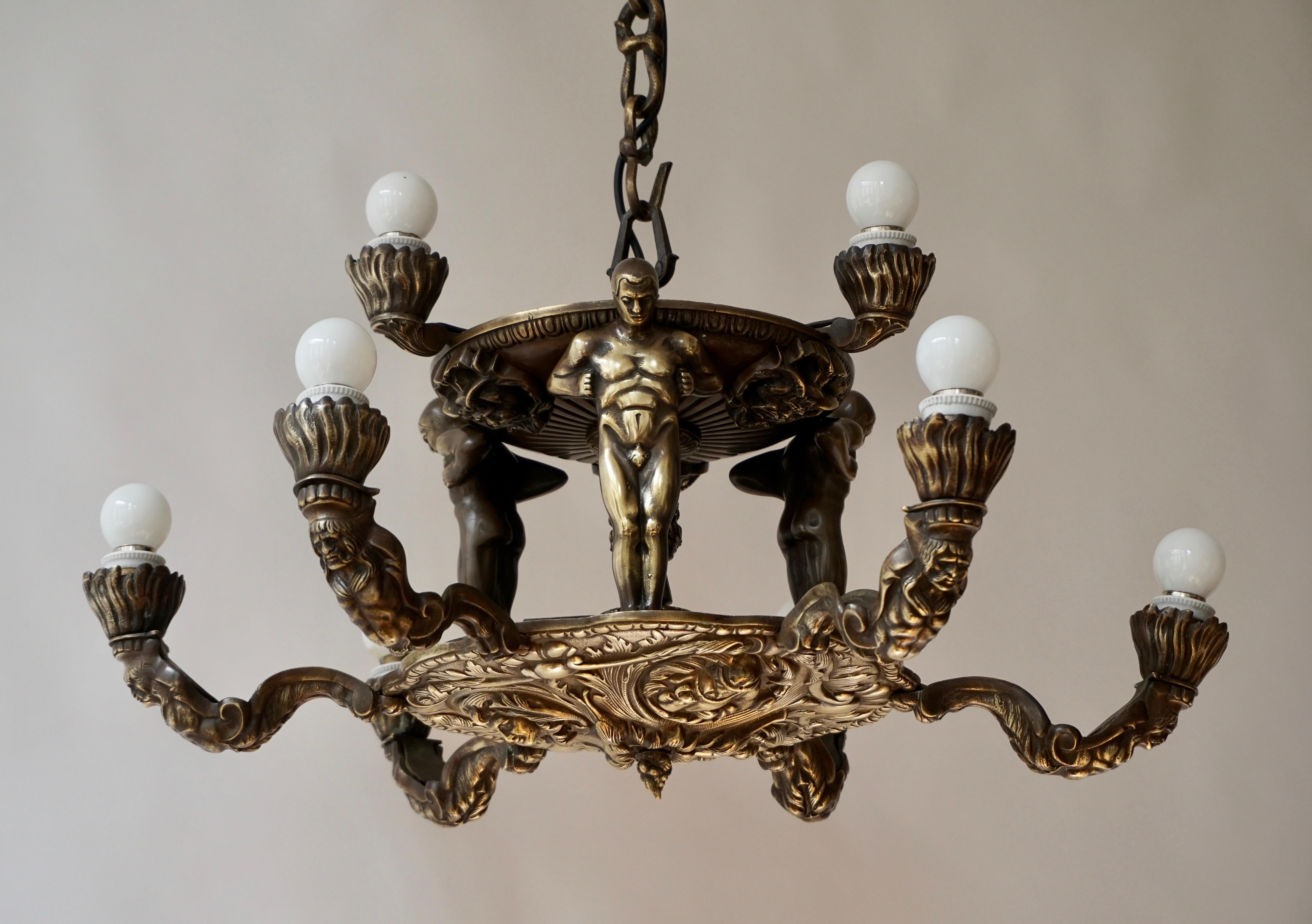 French Bronze Art Deco Hollywood Regency Chandelier Showing Male Nude Figures For Sale 5