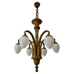French Bronze Art Deco Opaline Glass Palm Tree Chandelier