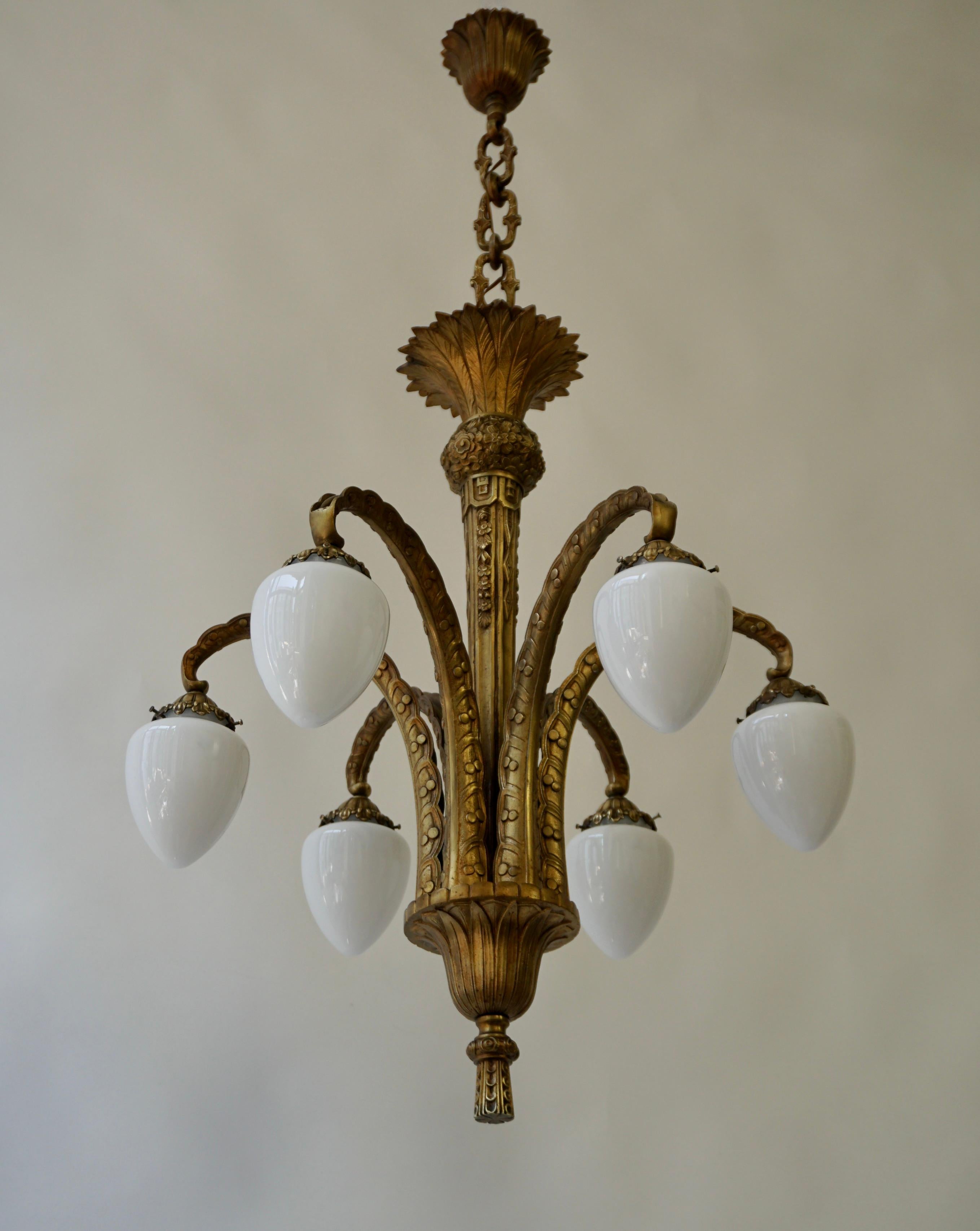 20th Century French Bronze Art Deco Opaline Glass Palm Tree Chandelier