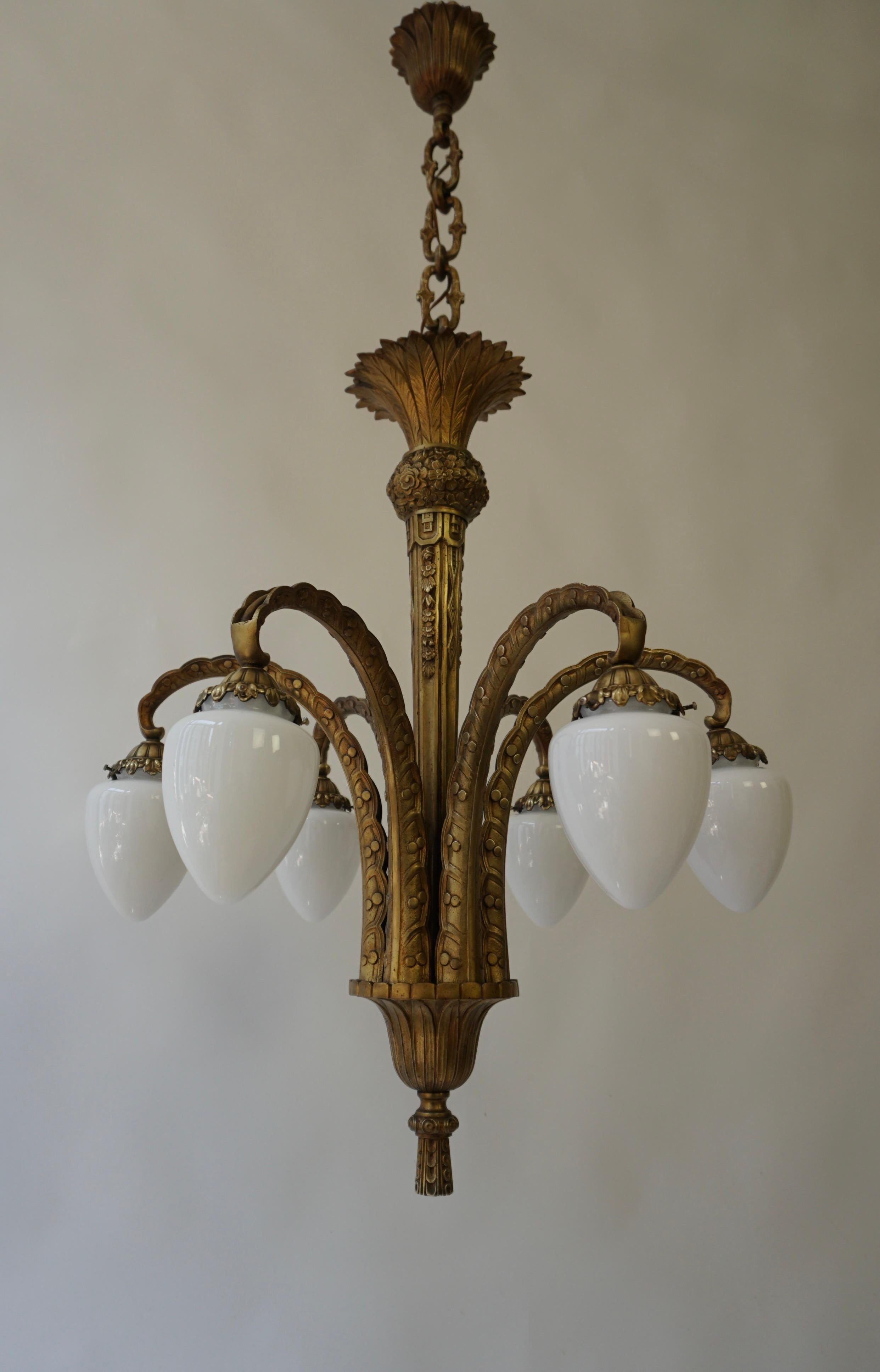 French Bronze Art Deco Opaline Glass Palm Tree Chandelier 1