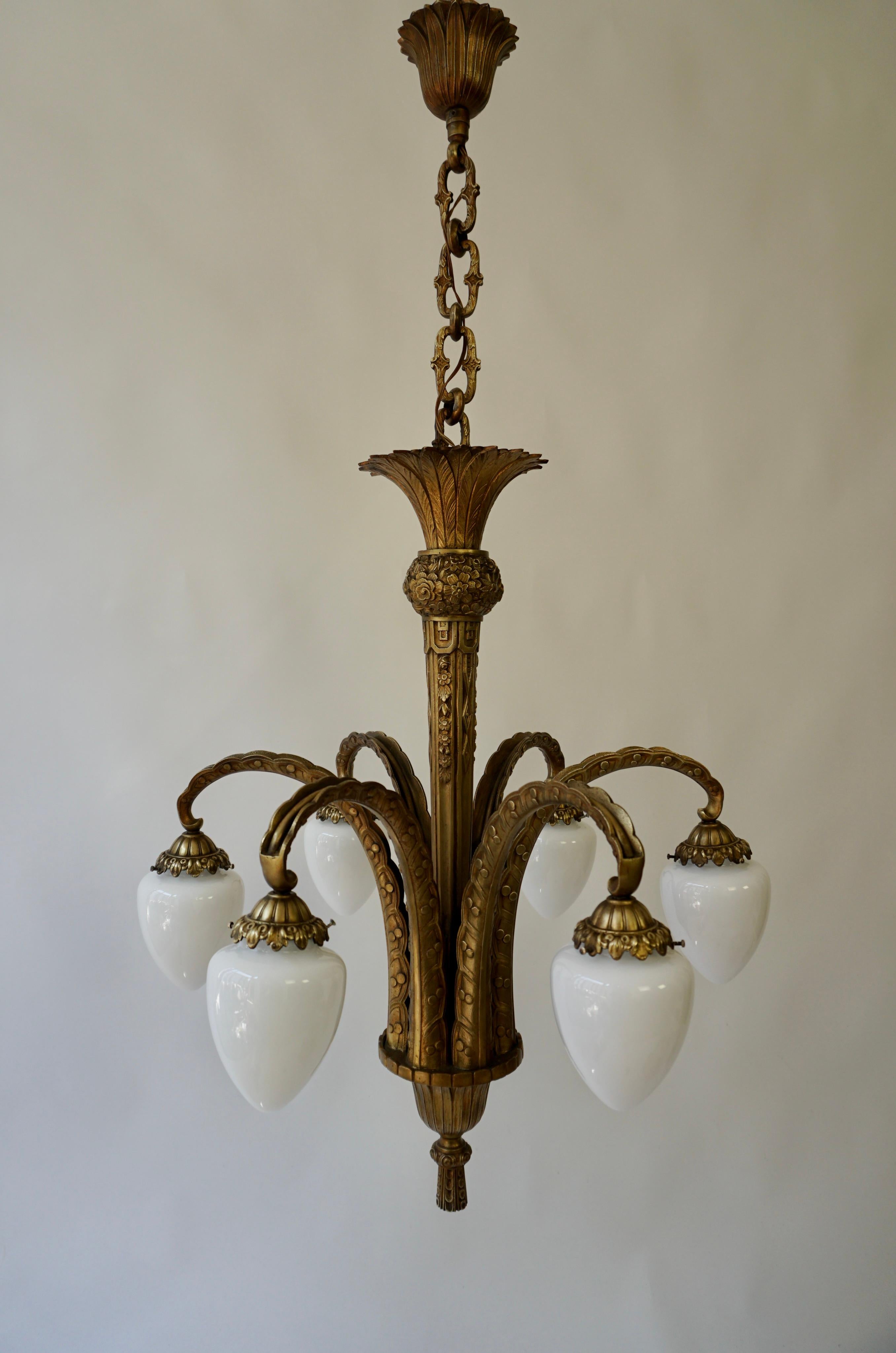 French Bronze Art Deco Opaline Glass Palm Tree Chandelier 2
