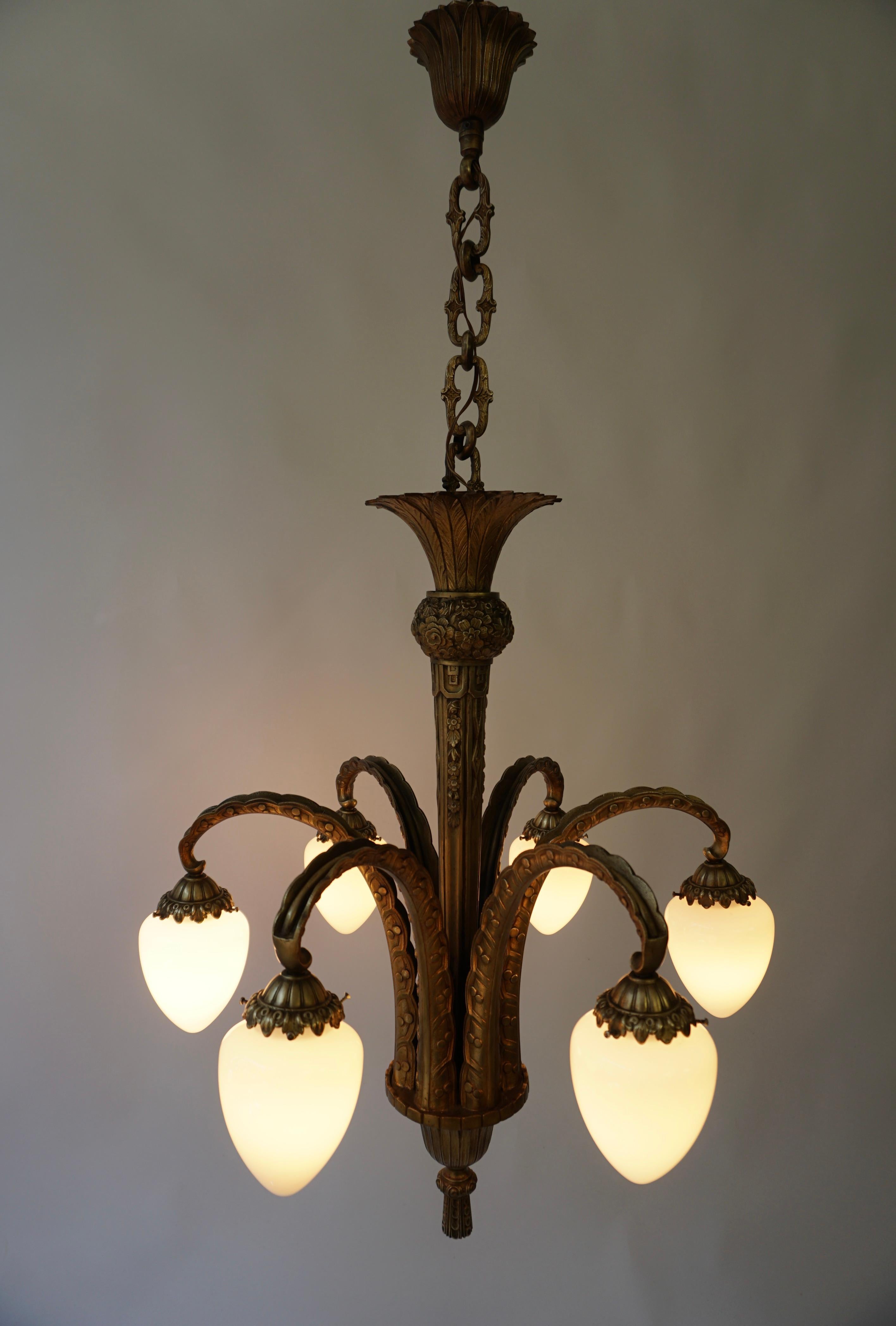 French Bronze Art Deco Opaline Glass Palm Tree Chandelier 3