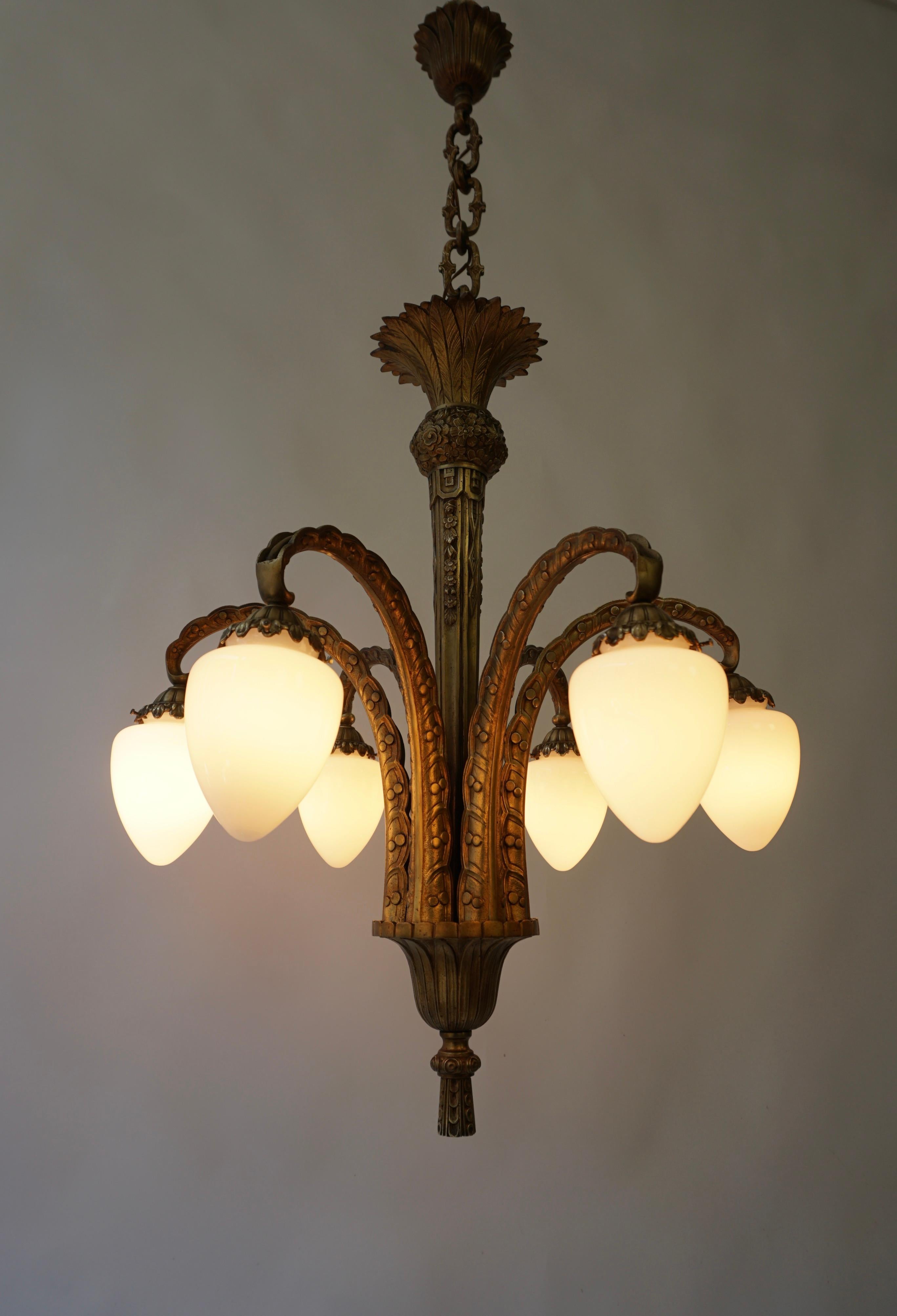 French Bronze Art Deco Opaline Glass Palm Tree Chandelier 4