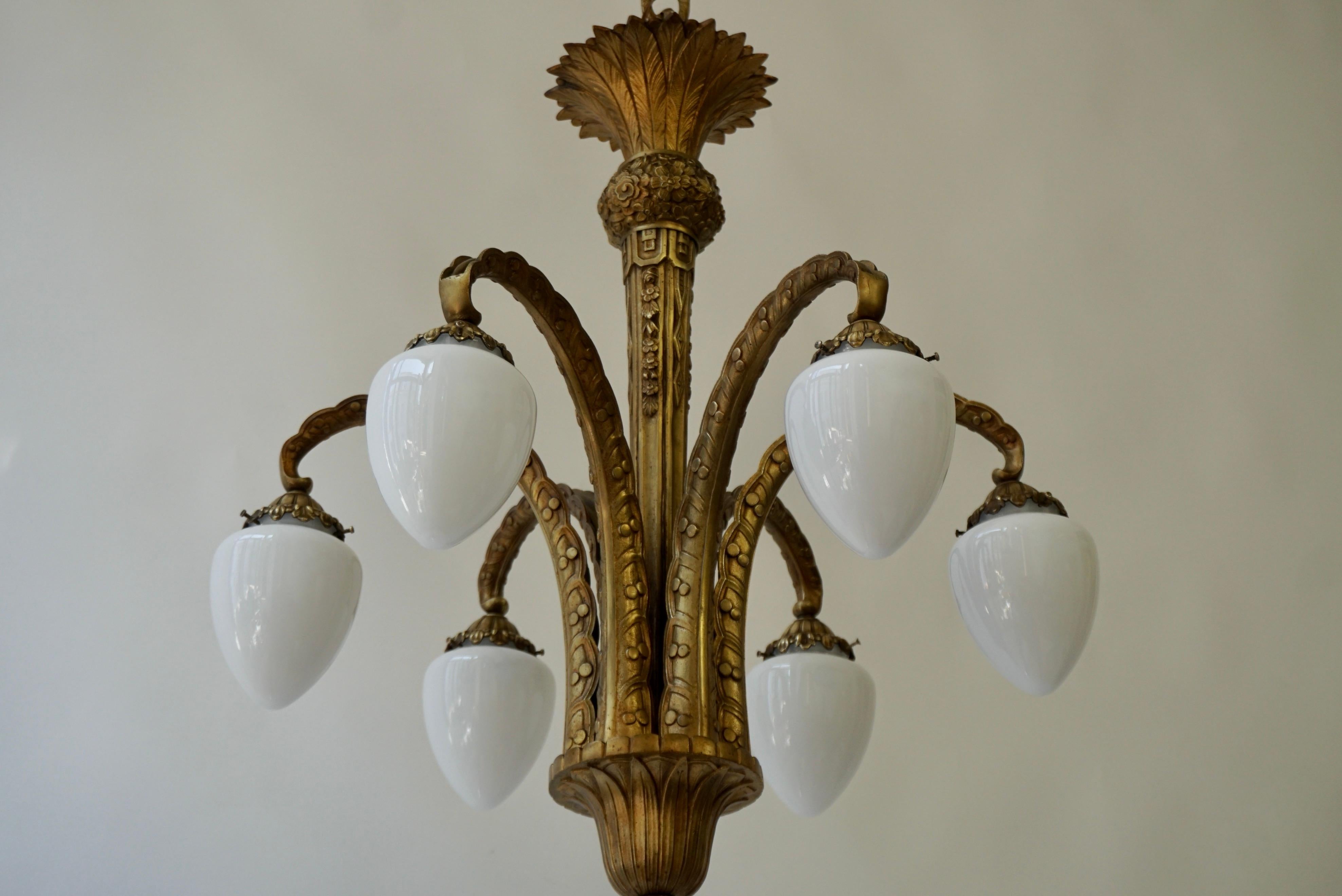 French Bronze Art Deco Opaline Glass Palm Tree Chandelier 5