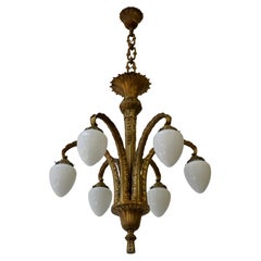 French Bronze Art Deco Opaline Glass Palm Tree Chandelier