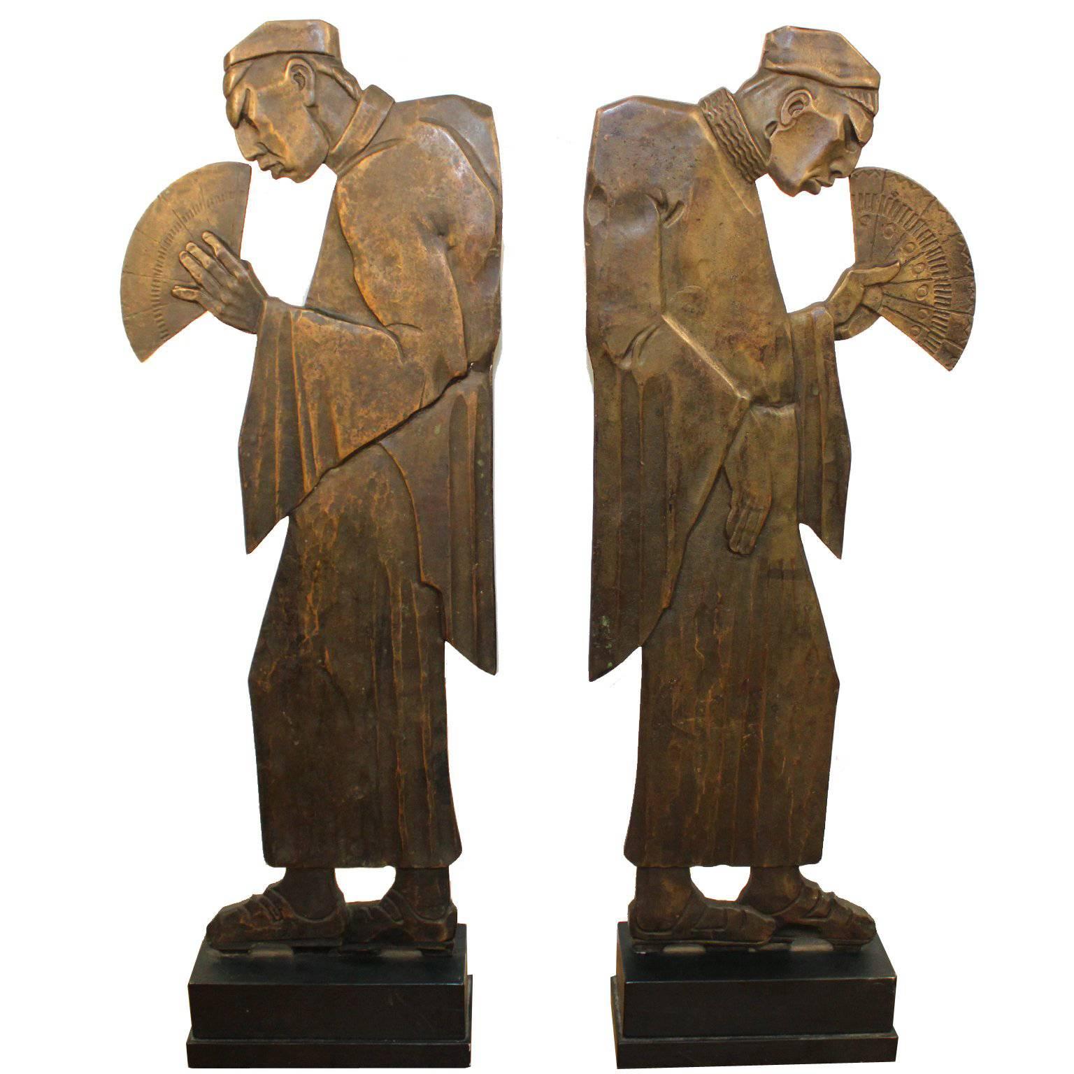 French Bronze Art Deco Sculptures of Chinese Men Holding Fans