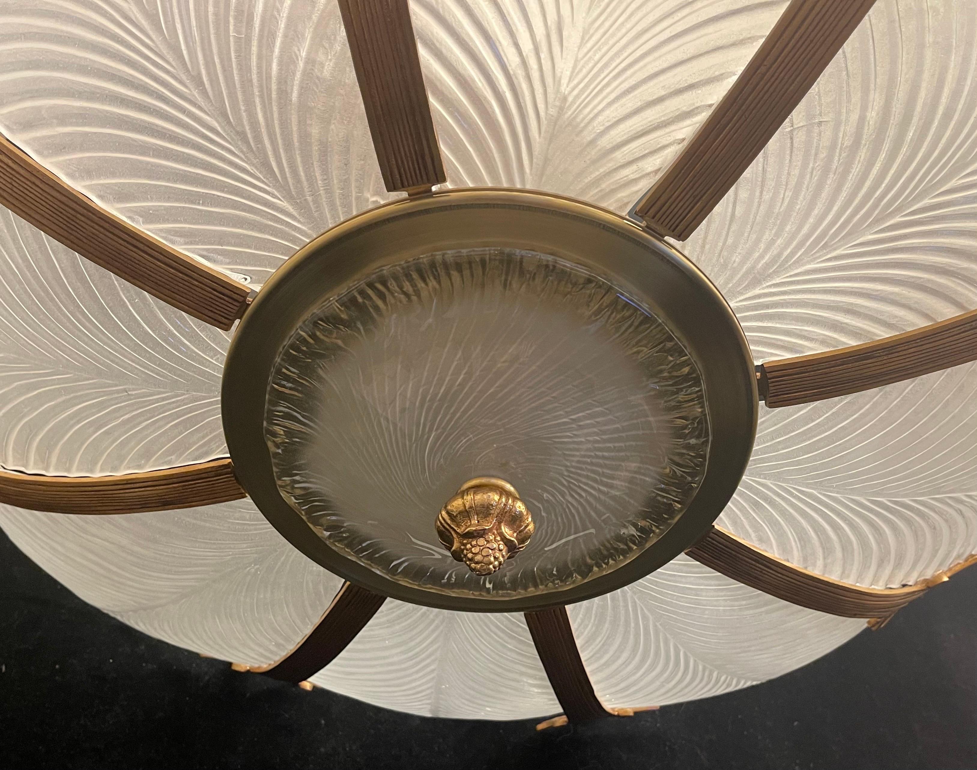 Italian French Bronze Art Glass Leaf Semi-Flush Mount Large Ceiling Fixture Chandelier
