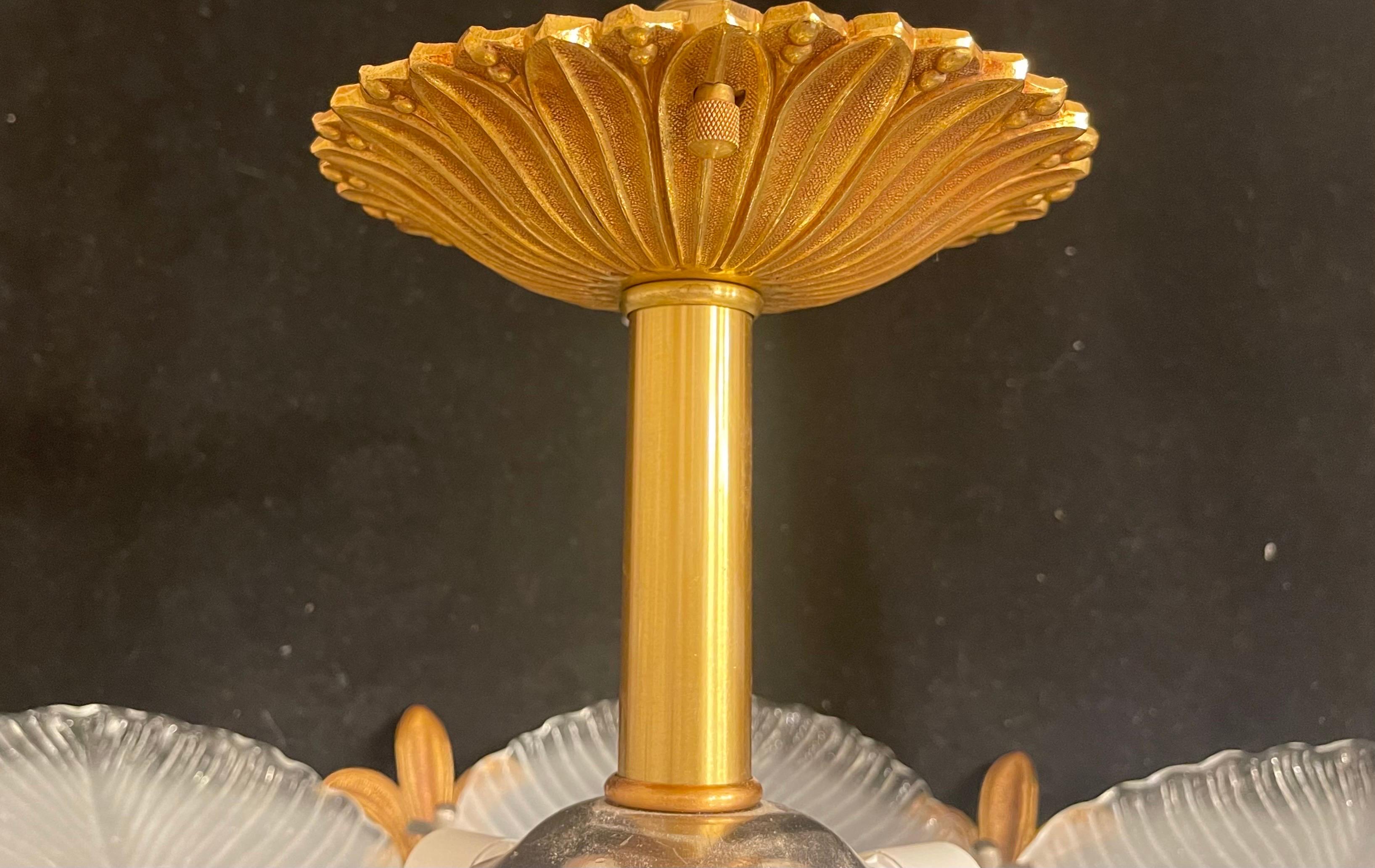 French Bronze Art Glass Leaf Semi-Flush Mount Large Ceiling Fixture Chandelier 1
