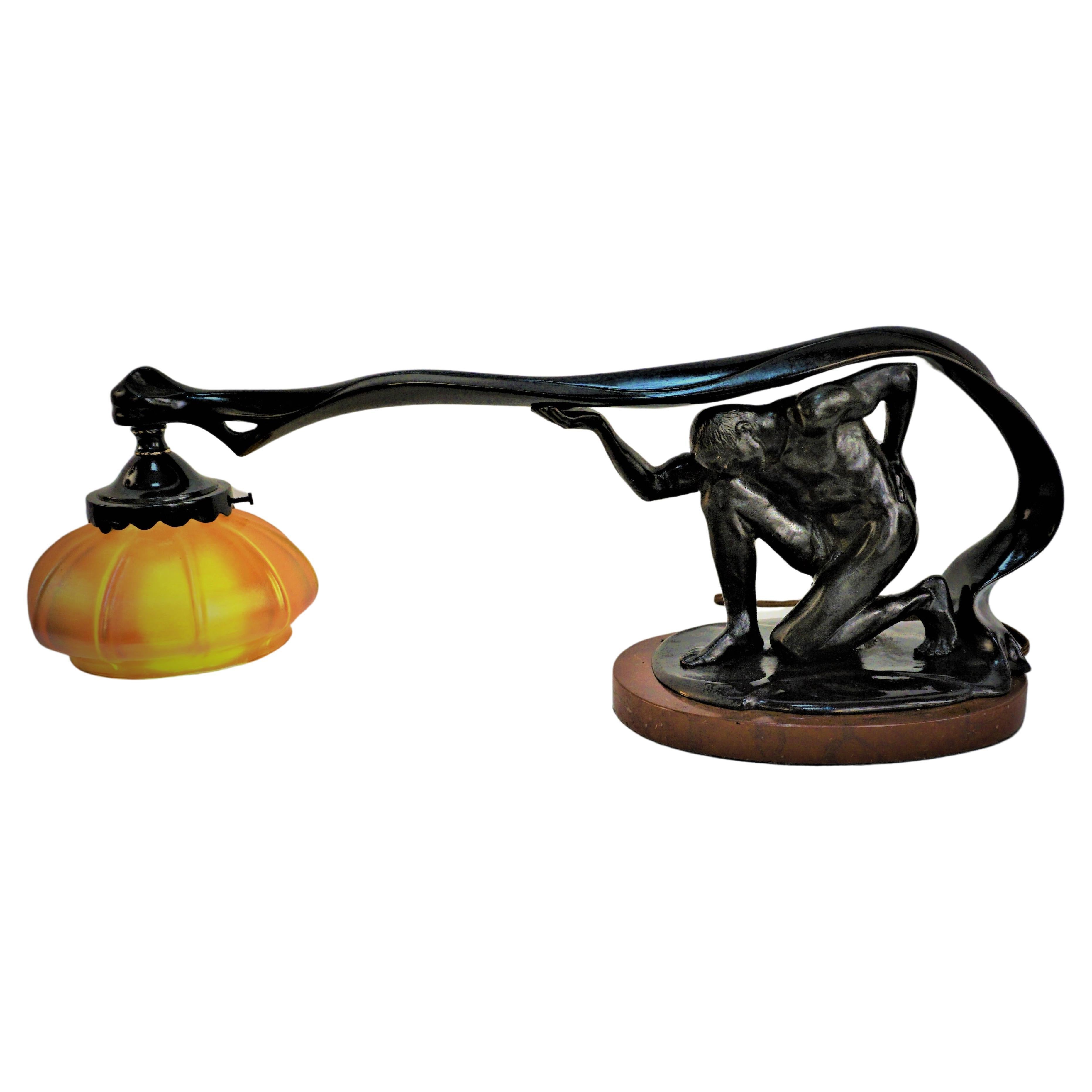French Bronze Art Glass Piano/Upright Desk Lamp For Sale