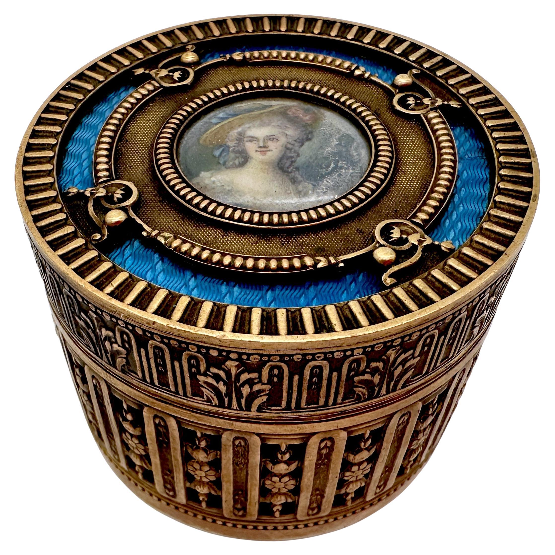 French Bronze & Blue Guilloche Enamel Portrait Box – Stamped ‘France’
