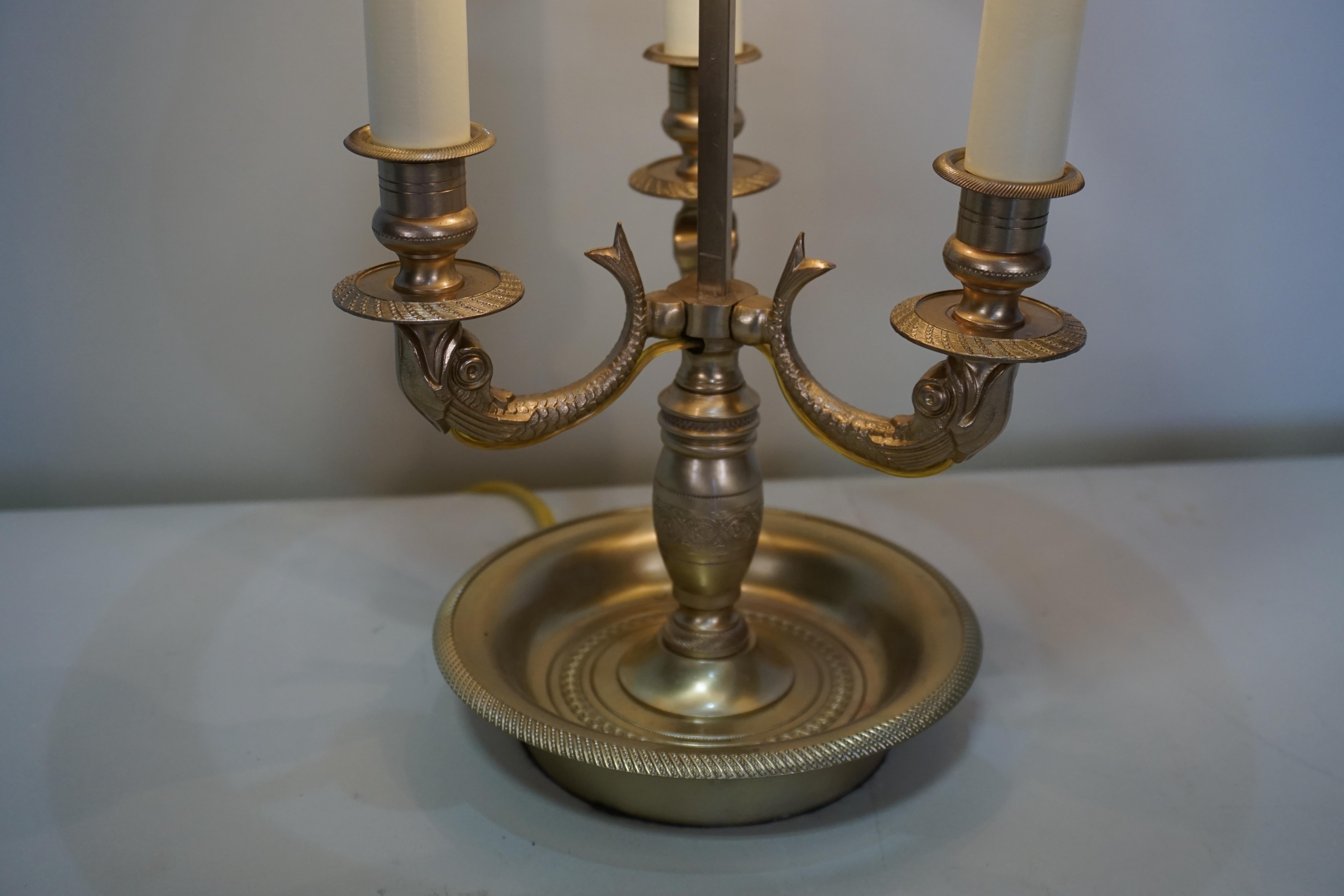 A French Empire style Bouilotte table lamp with metal green lacquered lampshade
Three lights 60watt each.
