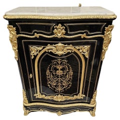 Antique French  Bronze Boulle Marquetry White Carrara Marble Cabinet Napoleon III 