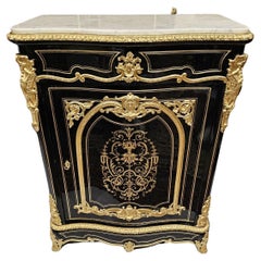 Français Bronze Boulle Marqueterie Blanc Marbre de Carrare Cabinet Napoléon III Français Bronze Boulle Marqueterie Blanc Marbre de Carrare Cabinet Napoléon III
