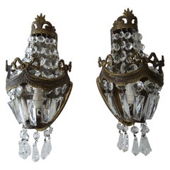 French Bronze Bows Crystal Prisms Empire Sconces, circa 1930