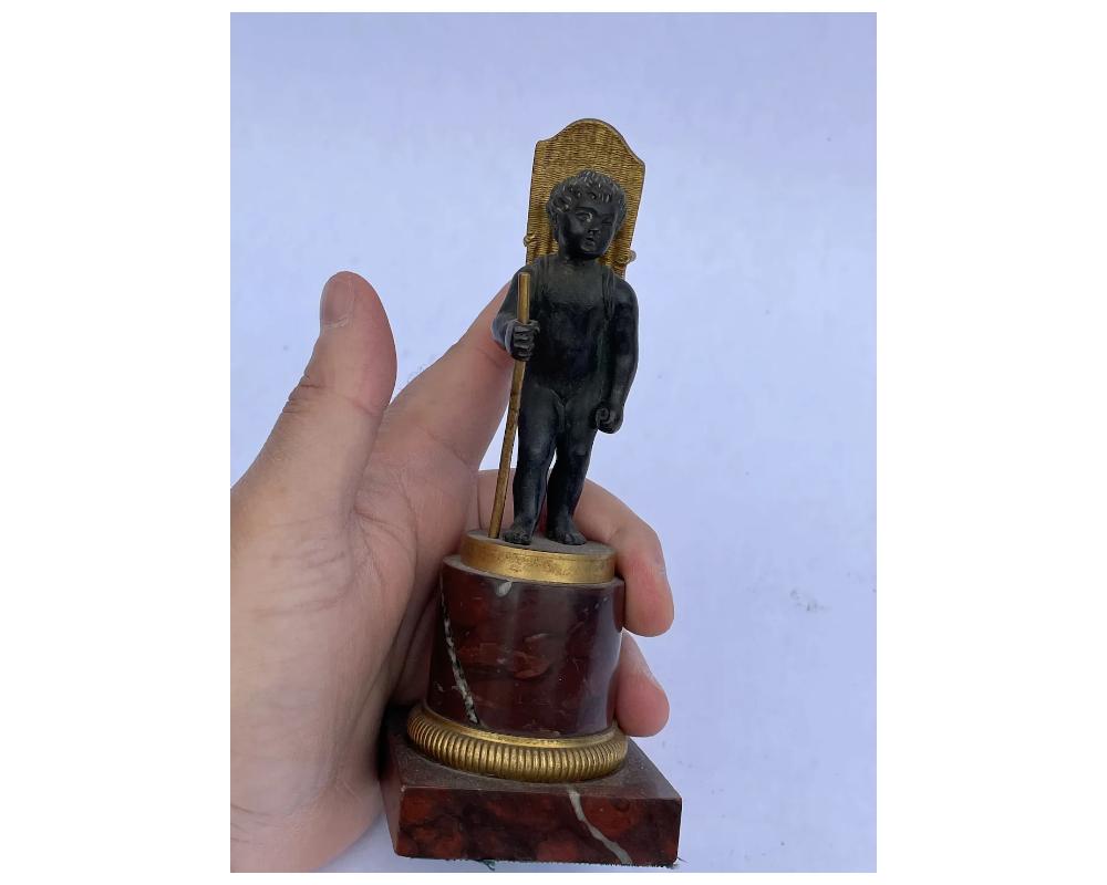 19th Century French Bronze Boy Ormolu Match Holder Rouge Marble For Sale
