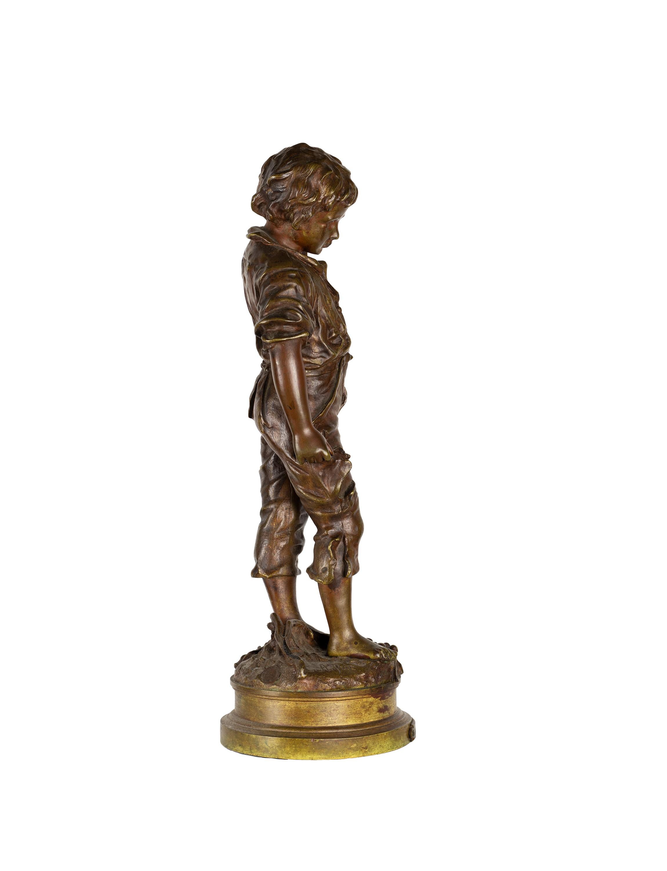 Cast French Bronze, Boy Sculpture, Charles Anfrie, 19th Century For Sale
