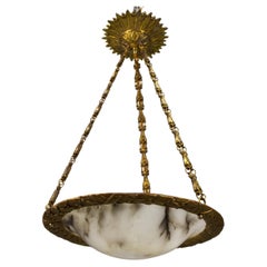 French Bronze, Brass and White Alabaster Pendant Light, ca. 1920