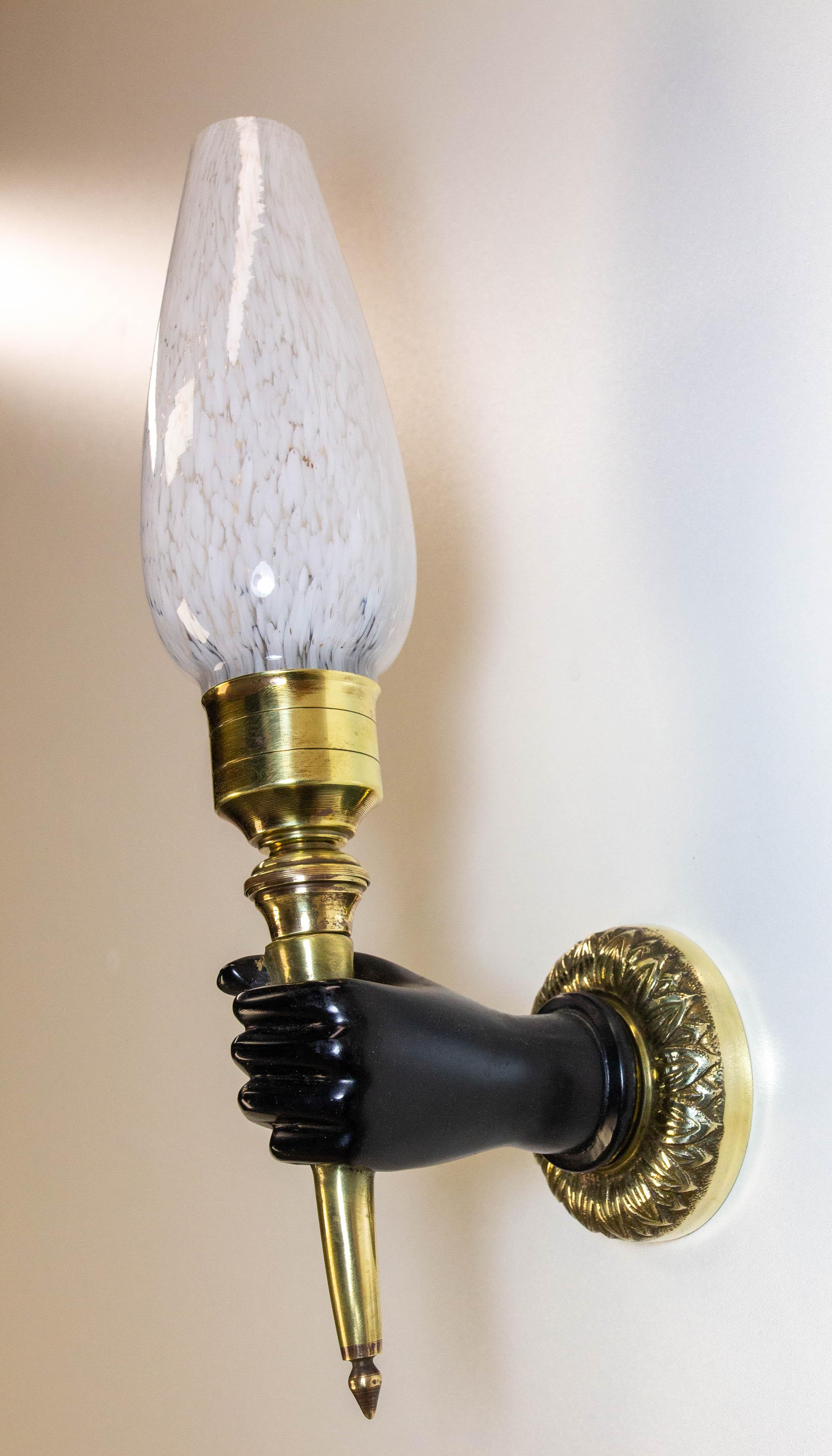 20th Century French Bronze Brass & Clichy Glass Louis XVI Style André Arbus Sconce For Sale