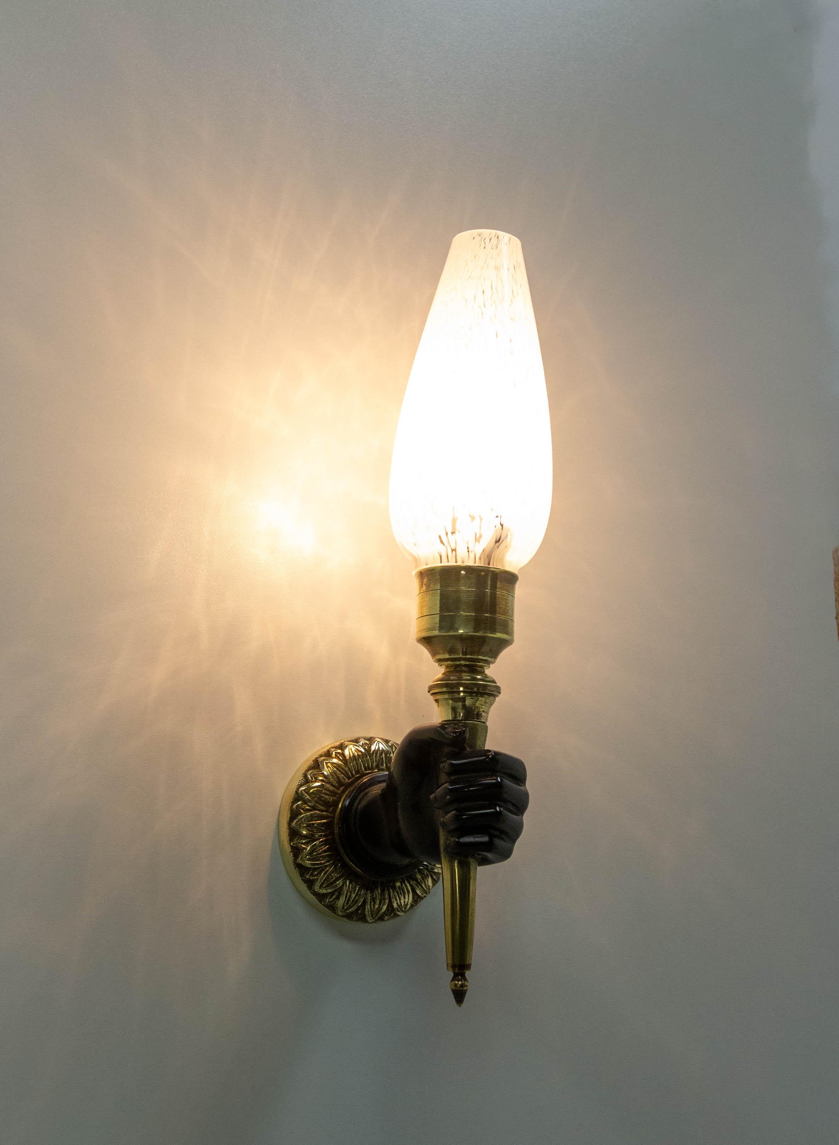 French Bronze Brass & Clichy Glass Louis XVI Style André Arbus Sconce For Sale 1