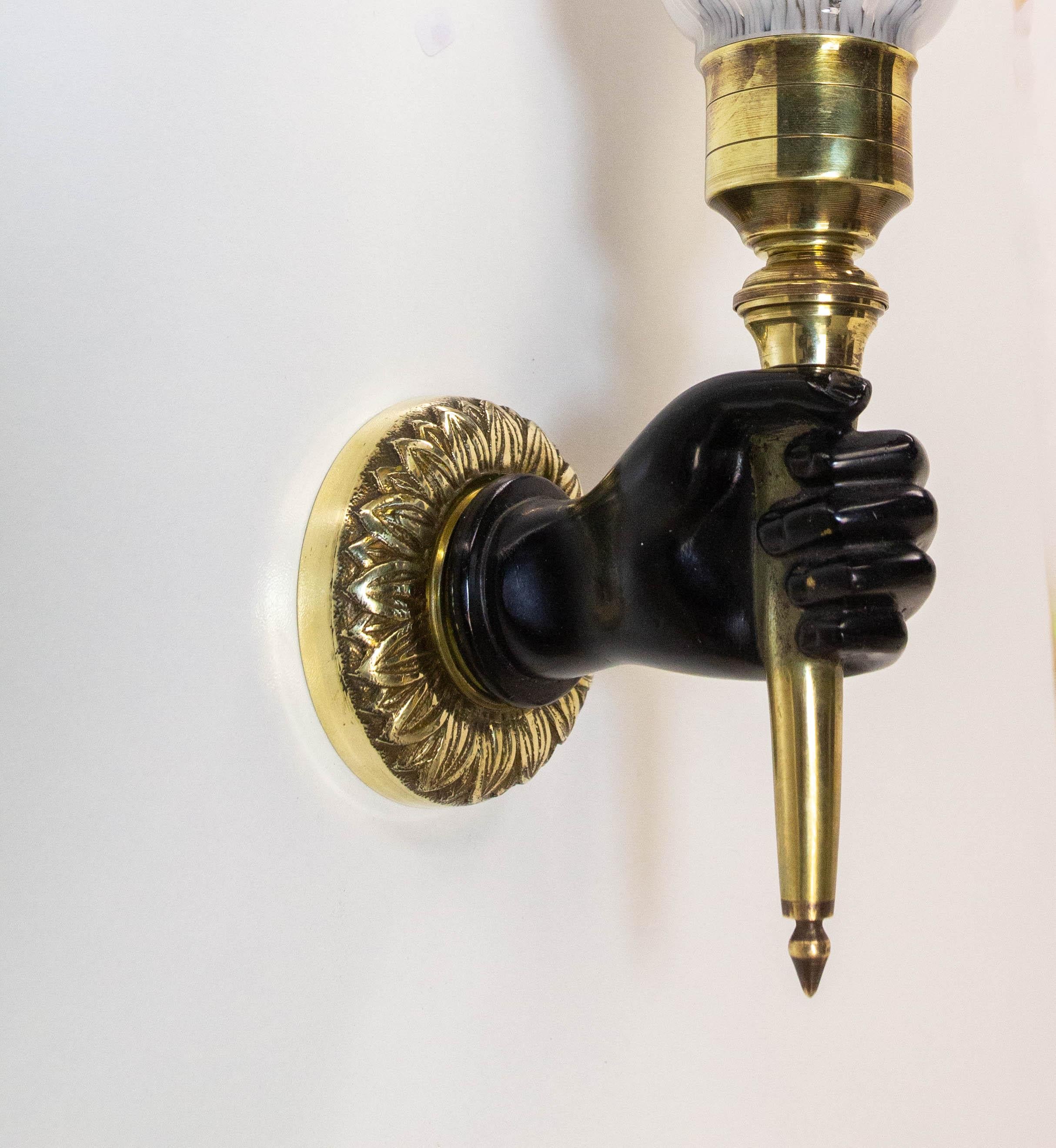 French Bronze Brass & Clichy Glass Louis XVI Style André Arbus Sconce For Sale 4