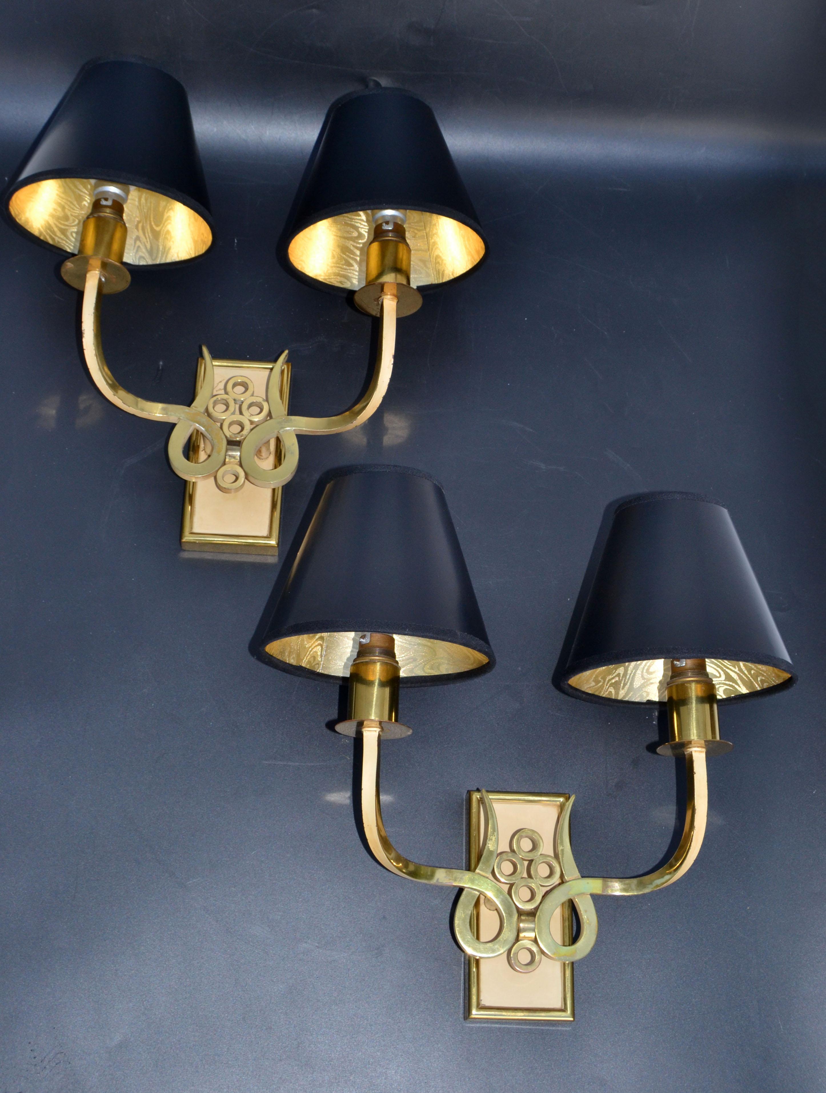 French Bronze & Brass Sconces by Maison Jansen Black & Gold Paper Shade, Pair For Sale 9