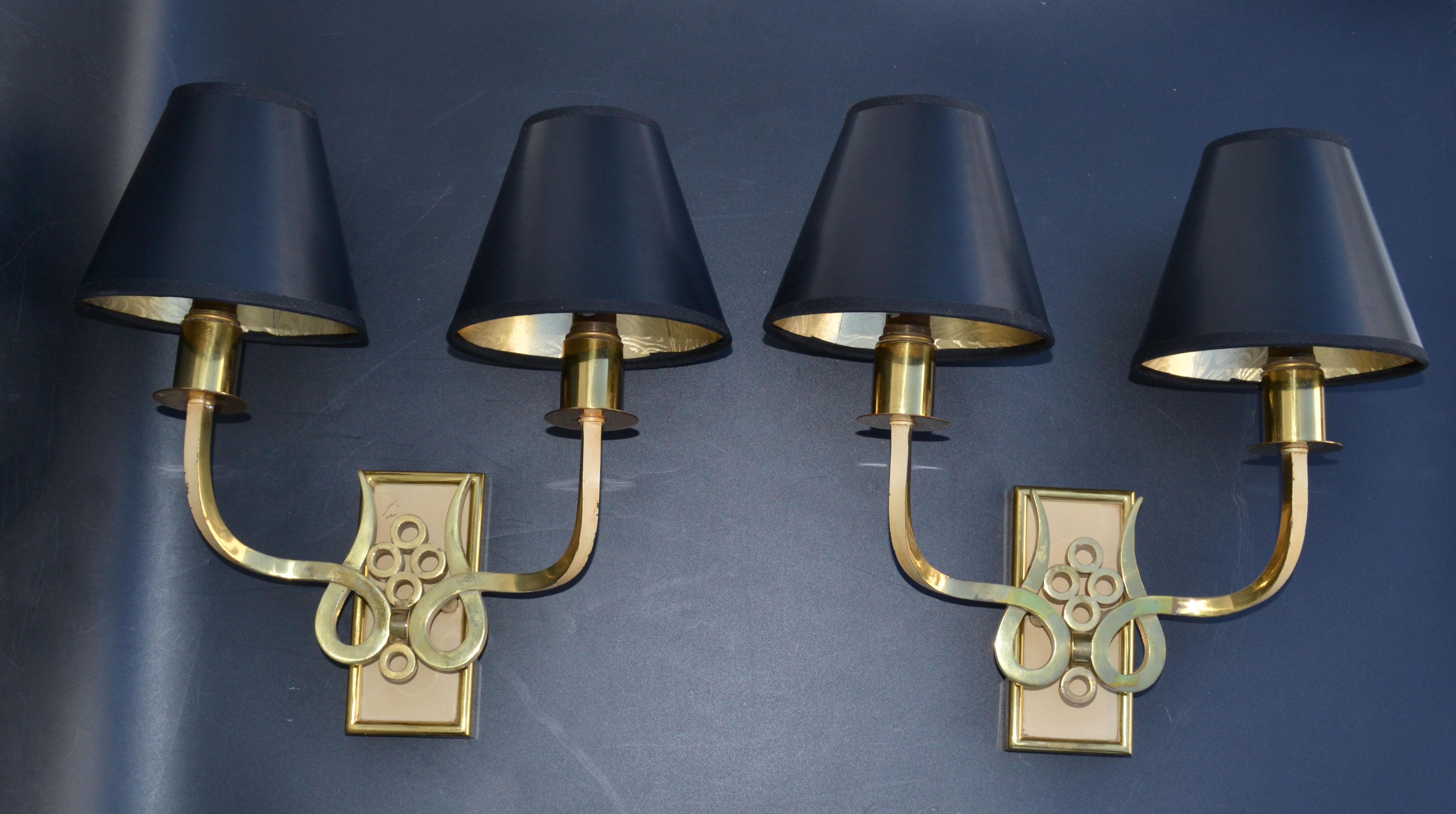 French Bronze & Brass Sconces by Maison Jansen Black & Gold Paper Shade, Pair For Sale 10