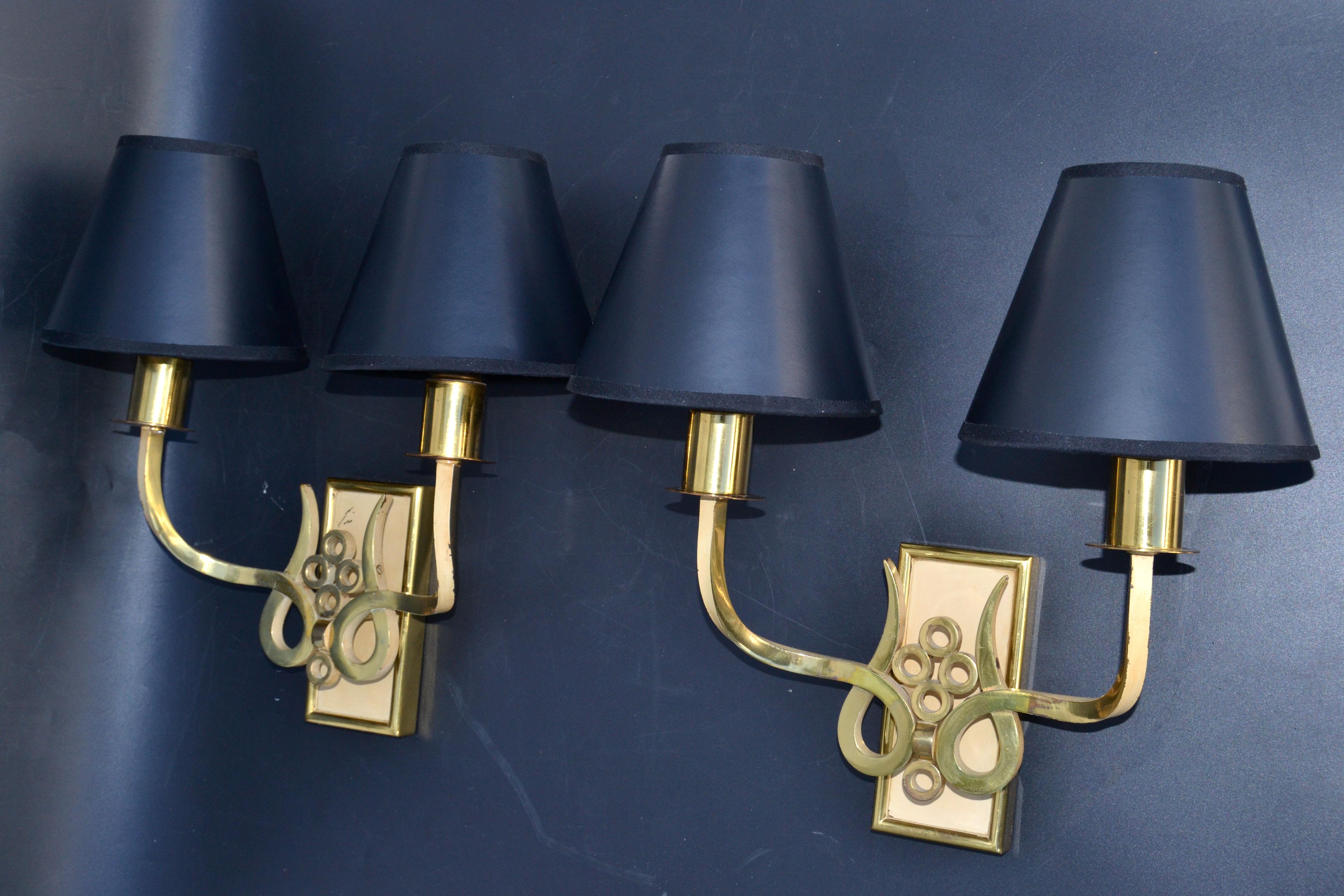 Mid-Century Modern French Bronze & Brass Sconces by Maison Jansen Black & Gold Paper Shade, Pair For Sale