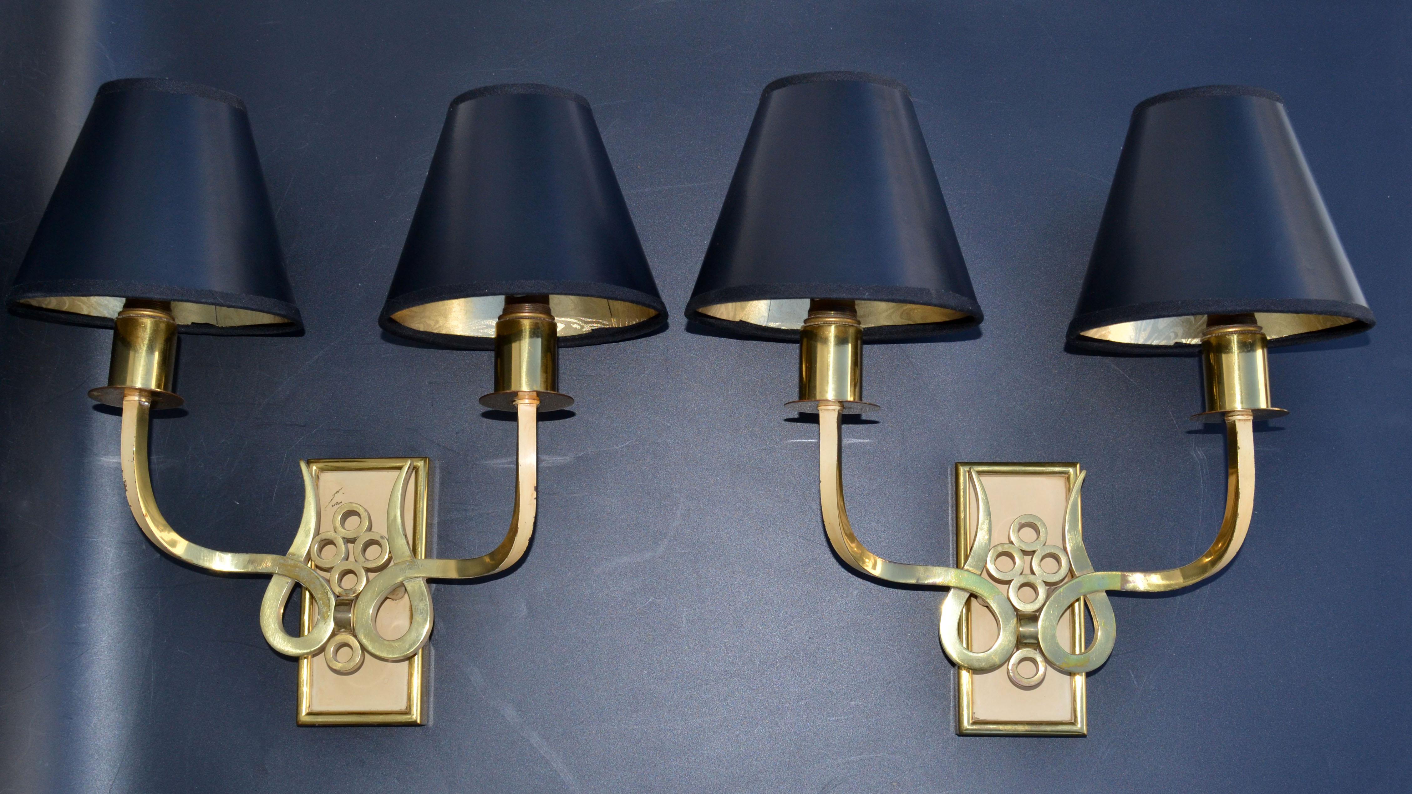 Hand-Crafted French Bronze & Brass Sconces by Maison Jansen Black & Gold Paper Shade, Pair For Sale