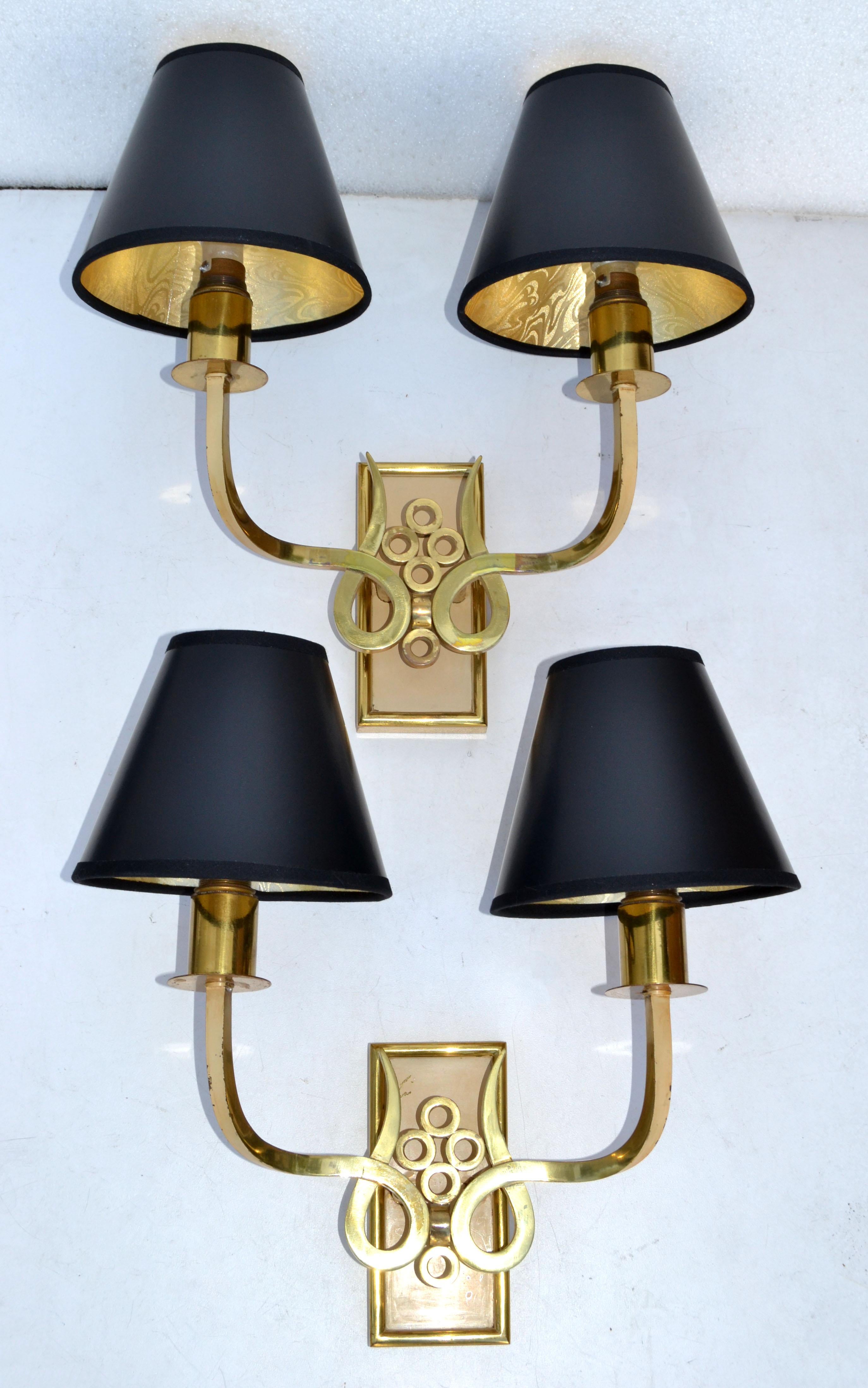 French Bronze & Brass Sconces by Maison Jansen Black & Gold Paper Shade, Pair In Good Condition For Sale In Miami, FL