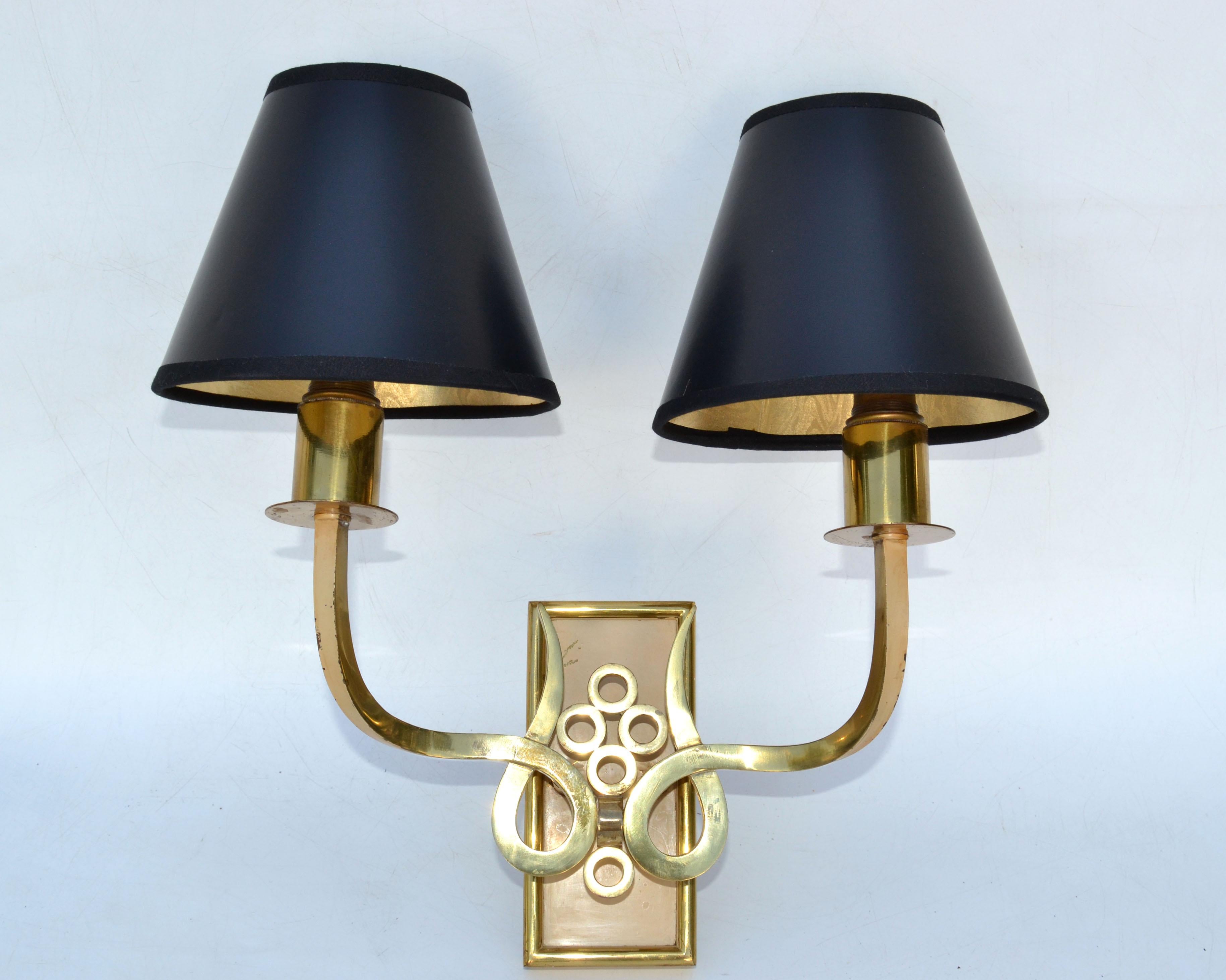 20th Century French Bronze & Brass Sconces by Maison Jansen Black & Gold Paper Shade, Pair For Sale