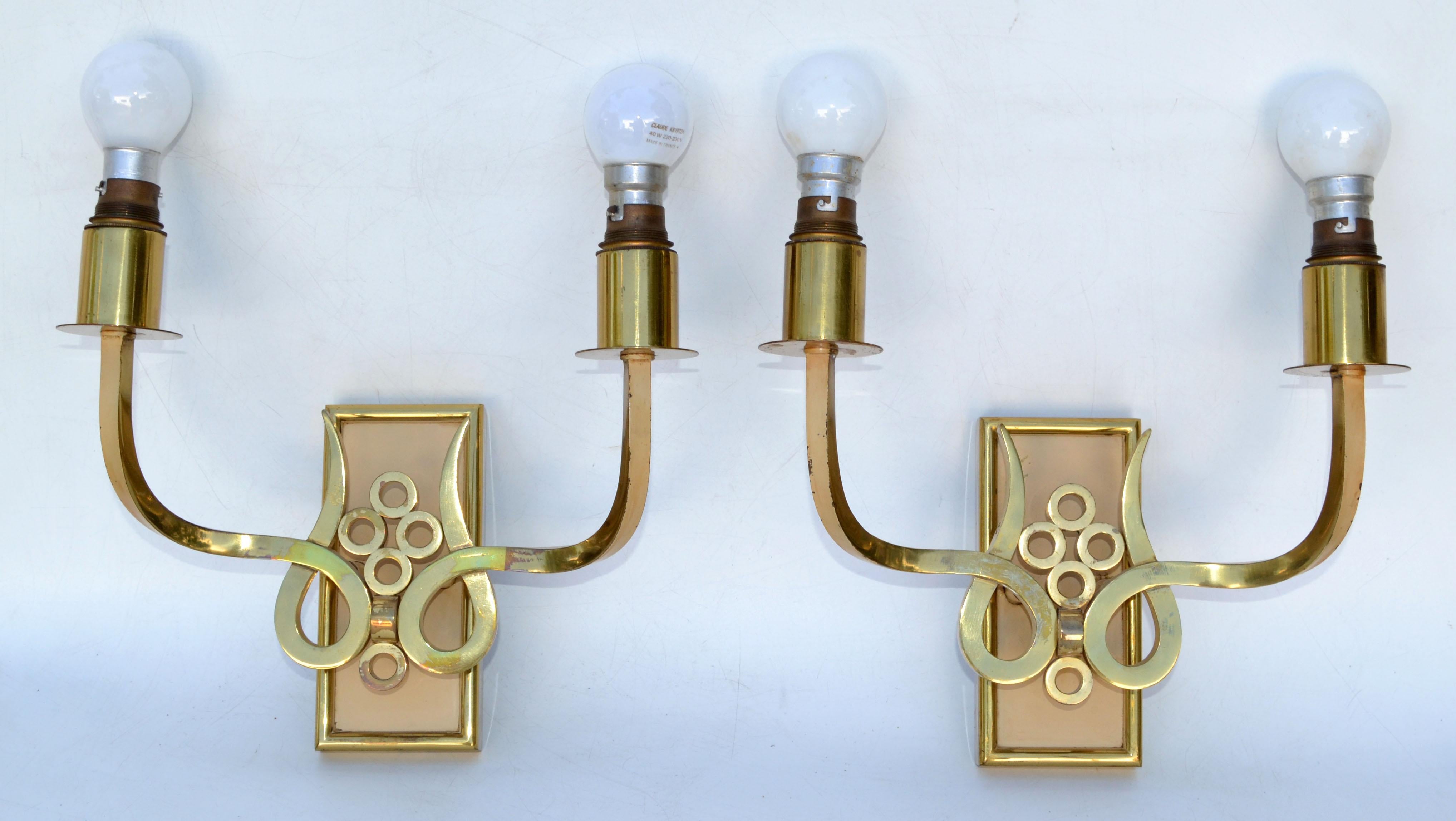 French Bronze & Brass Sconces by Maison Jansen Black & Gold Paper Shade, Pair For Sale 1