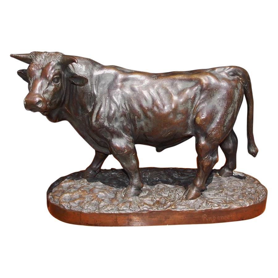 French Bronze Bull Sculpture Standing on Rocky Oval Plinth, E. Ragoneau, C. 1850