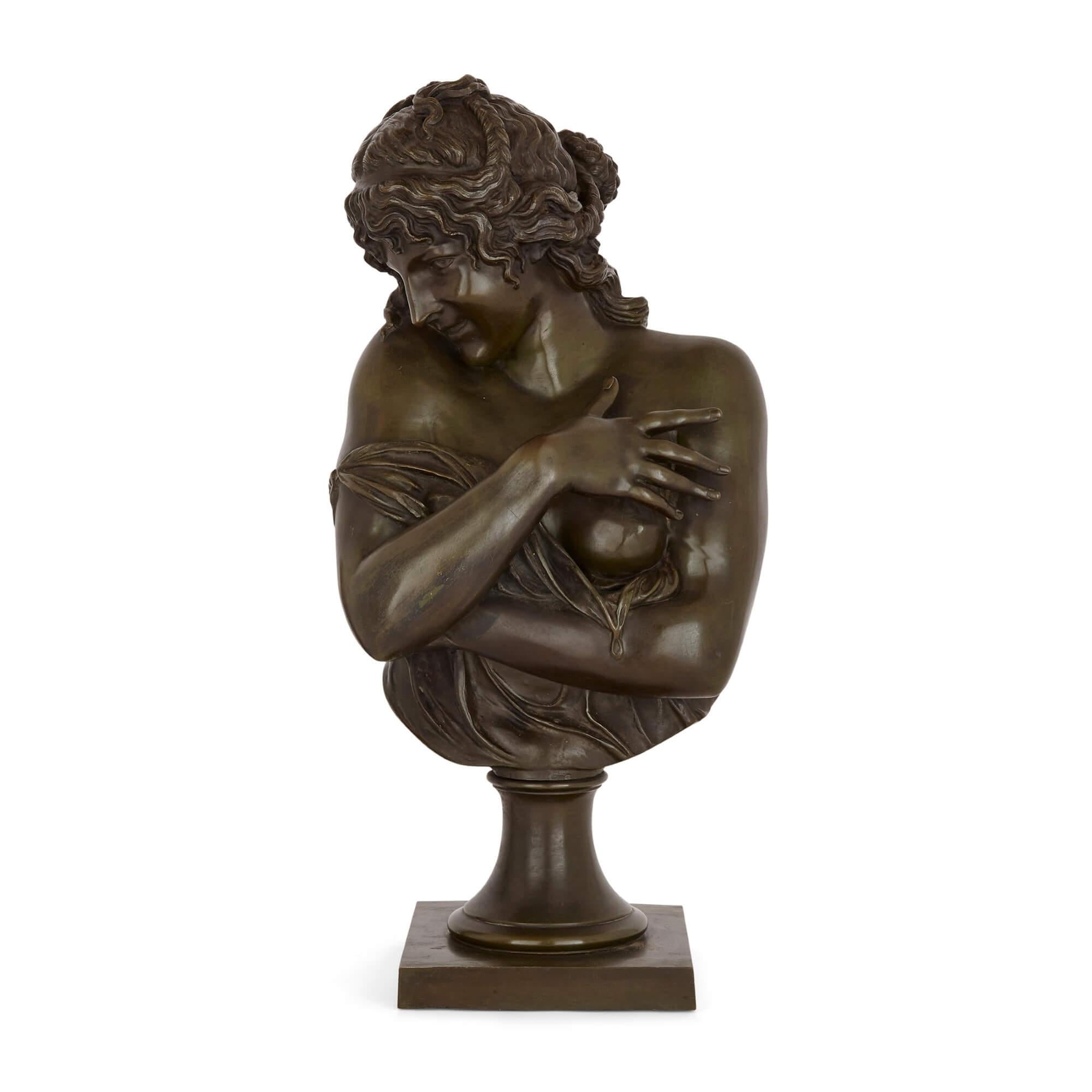 French bronze bust of a woman after Jean-Antoine Houdon
French, late 19th Century
Height 60cm, width 26cm, depth 22cm

This superb patinated bronze sculpture depicts a sensuously clad young woman. The figure glances down to her right with coyness,