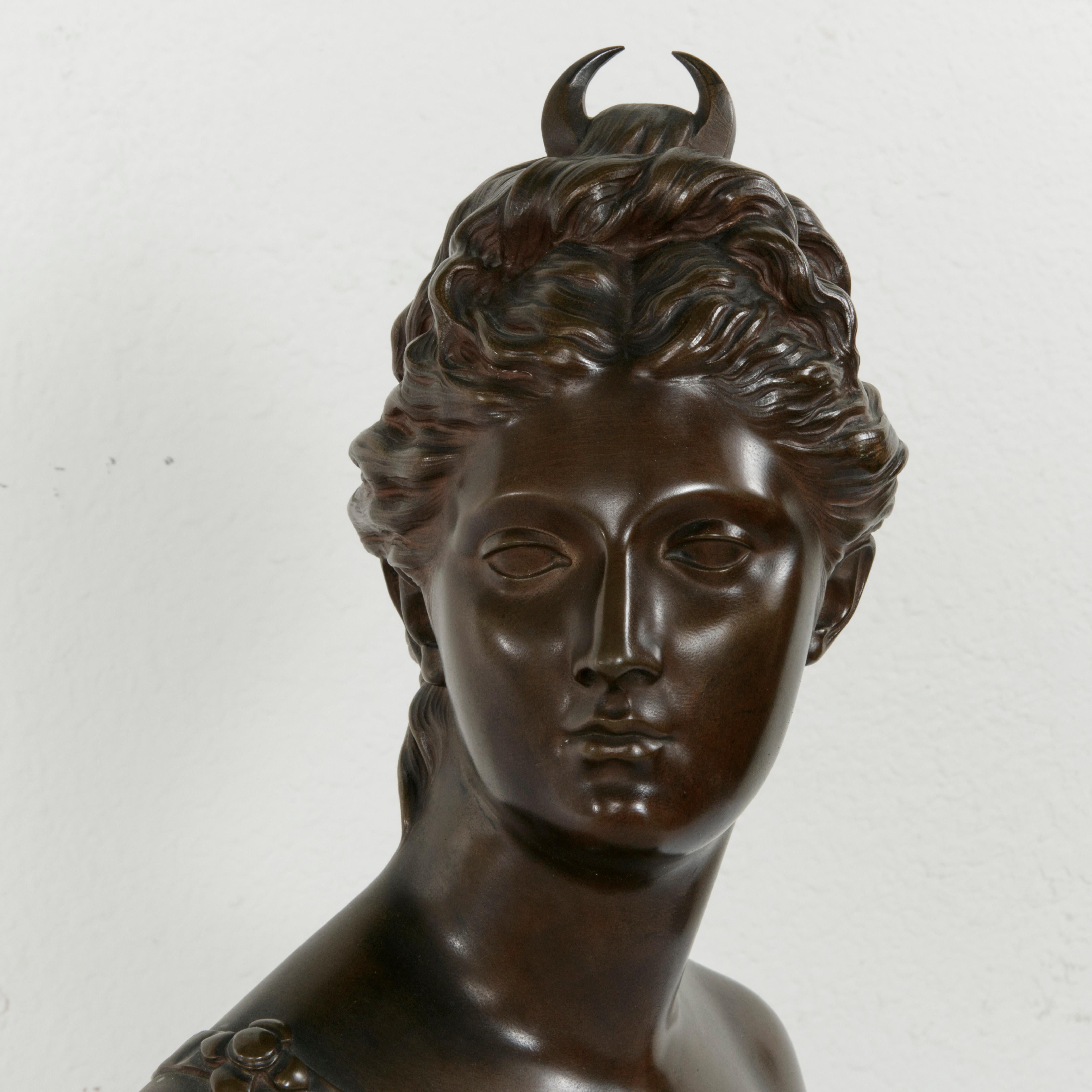 Neoclassical French Bronze Bust of Diana After 18th Century Sculptor Houdon, Marked Susse