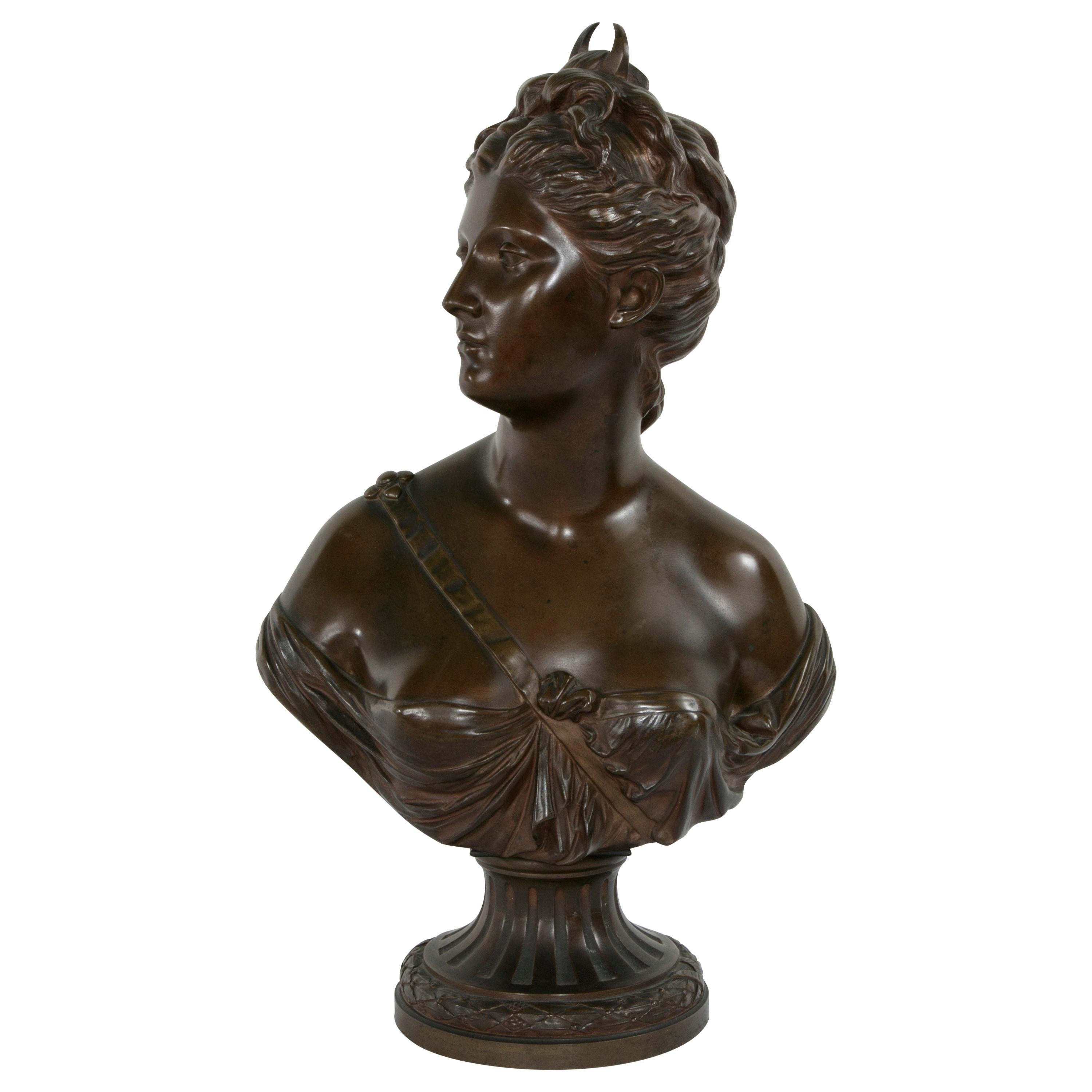 French Bronze Bust of Diana After 18th Century Sculptor Houdon, Marked Susse