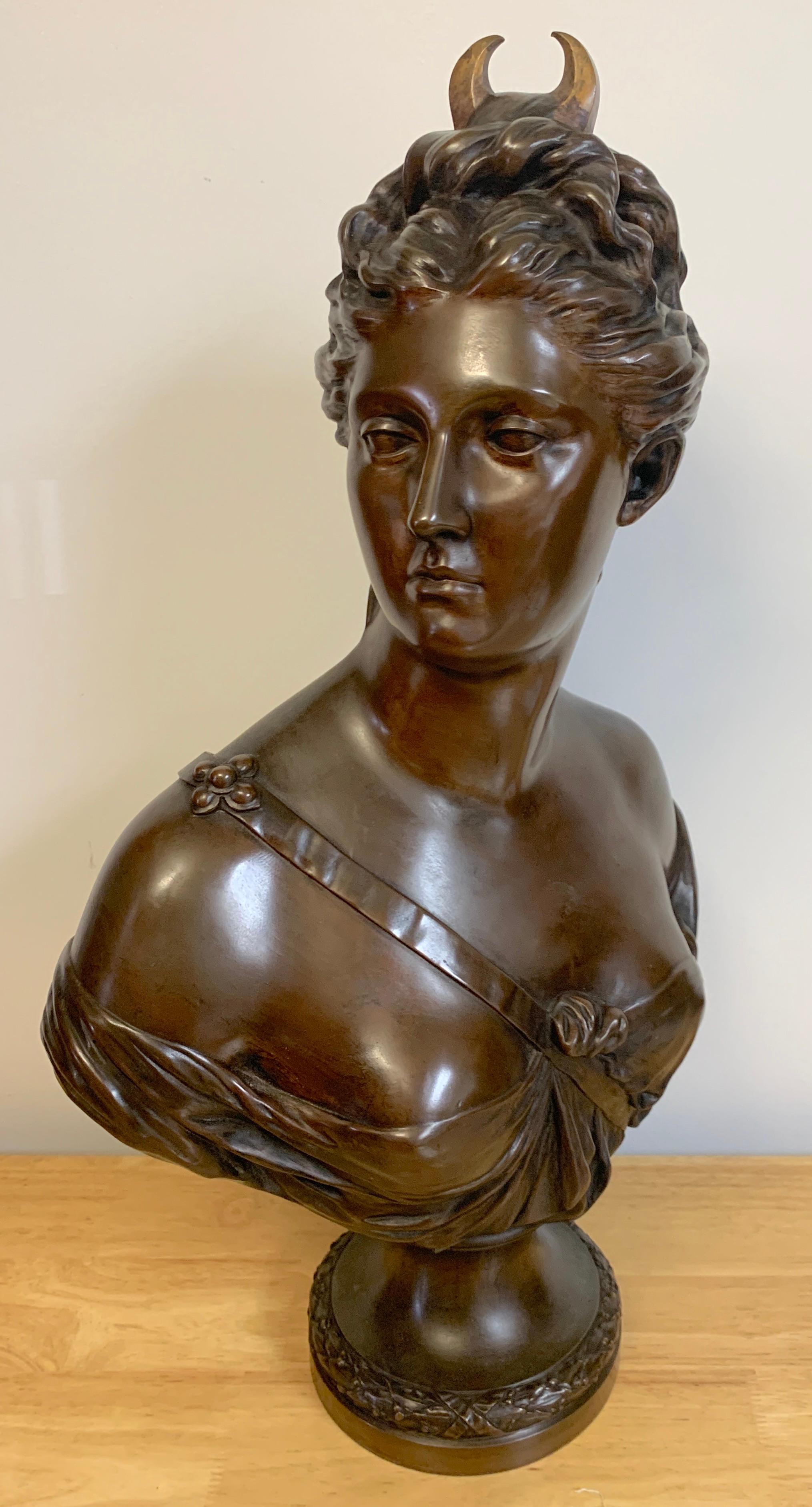 French Bronze Bust of Diana the Huntress, after Houdon, by Susse Frère Foundry
A Exquisite 3/4 bust of the original work by Jean-Antonie Houdon (1741-1828)
Her hair entwined around a crescent moon and wearing a sash with a sash across her chest.