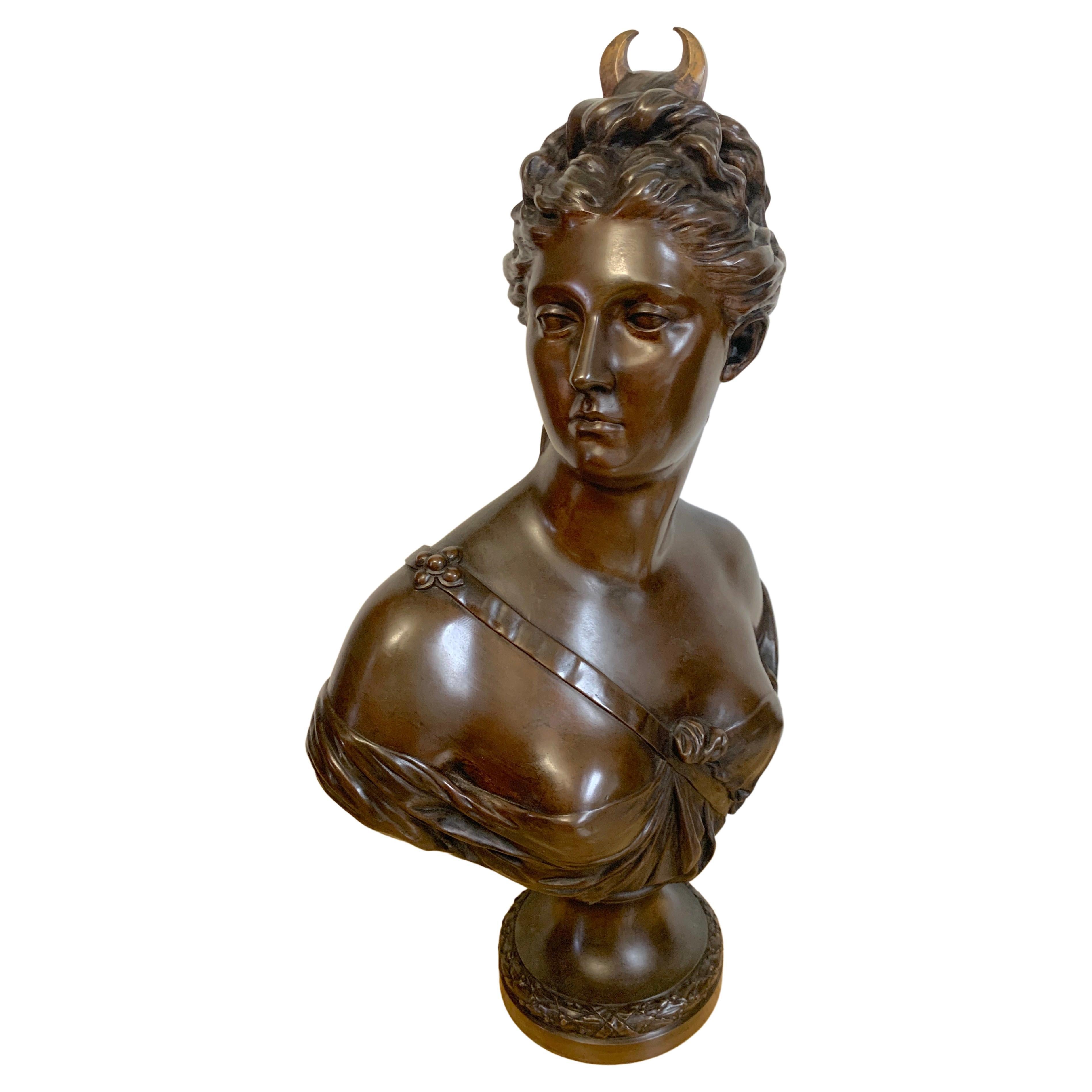 French Bronze Bust of Diana the Huntress, after Houdon, by Susse Frère Foundry