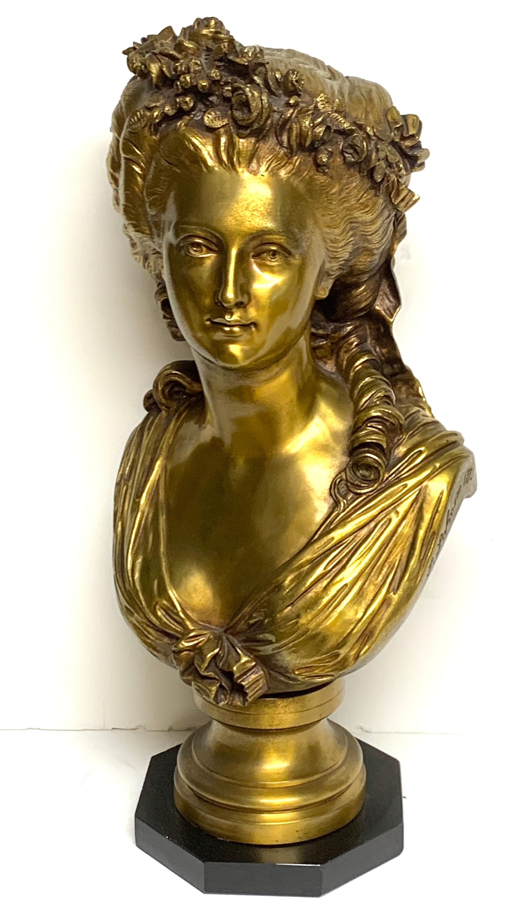 French bronze bust of Marie Antoinette by P. Baur & Jean Jules Salmson, 1873
A fine work by two well known French sculptors, Beautifully cast and modeled portrait bust of the Queen of France. Raised on a 7-Inch octagonal black marble base. Signed on